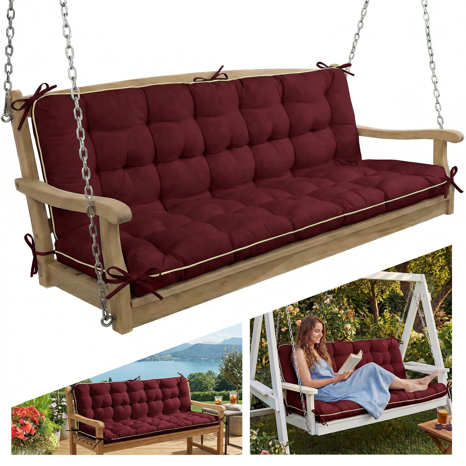 Oxford Fabric Swing Cushions with Backrest & Tie Straps - Crushed Sponge Filled for Outdoor Patio Bench, 2-3 Seater Replacement for Swing Chair (RED, 60 INCH × 40 INCH)