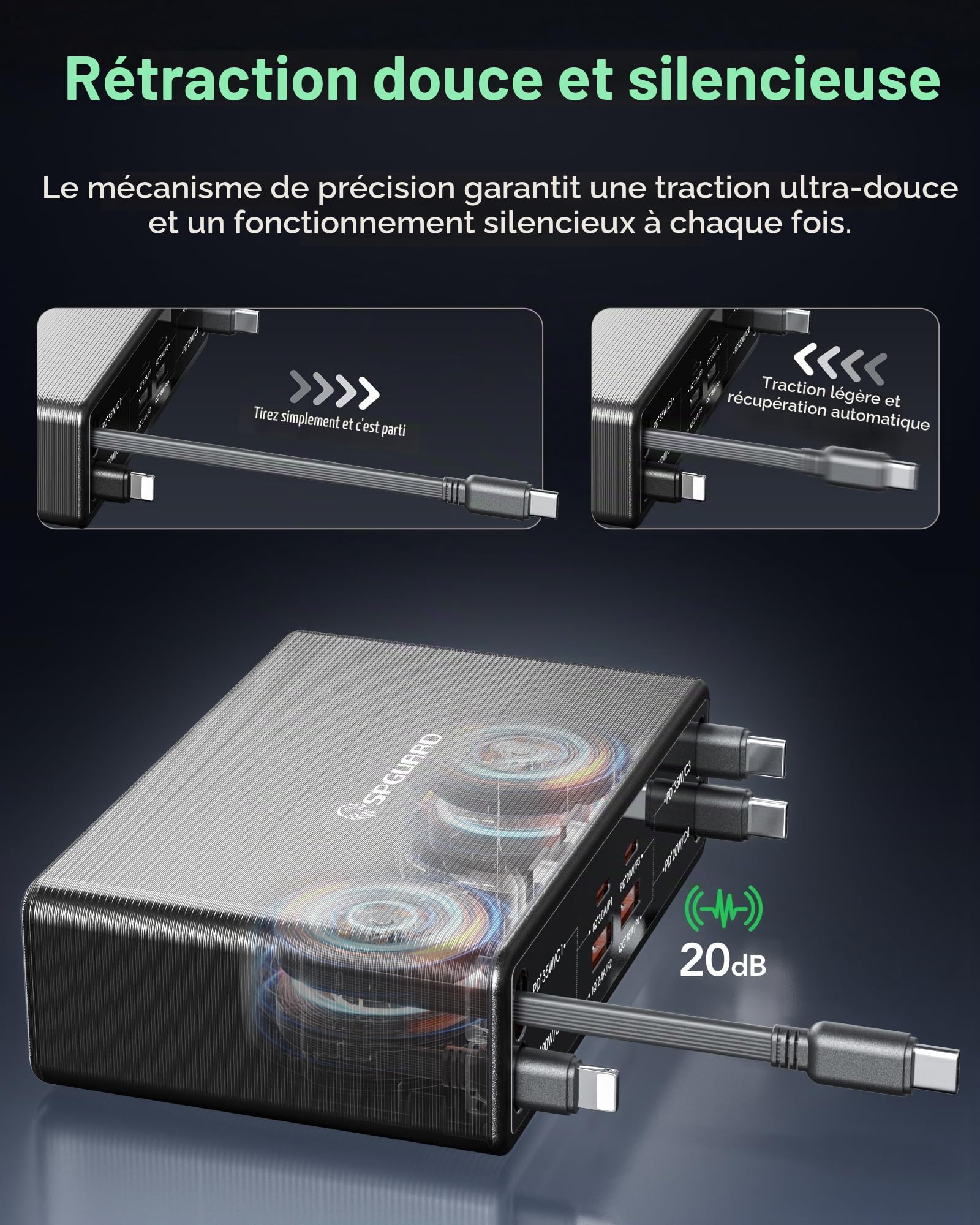 105 W 8-en-1 Charging Station USB-C rétractable avec 4 Cable rétractable | GaN USB station de chargement compatible avec de nombreux appareils: iPhone 17 Pro/17/16/15/14/iPad/MacBook/Galaxy/Pixel