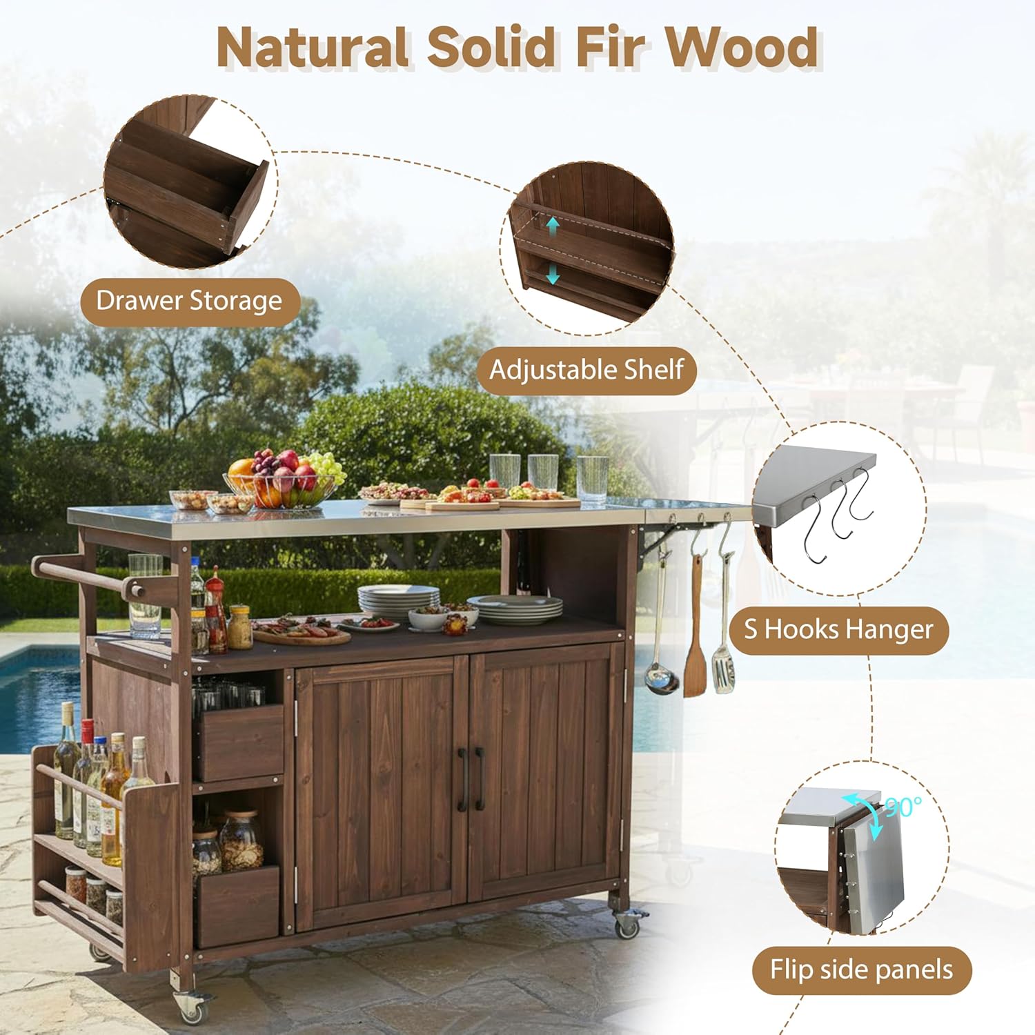 Merax 54.33" Farmhouse Rolling Outdoor Kitchen Cart, Solid Wood Frame with Stainless Steel Top, Spice Rack, Towel Rack, Lockable Wheels & Multi-Functional Storage for Patio, Backyard BBQ & Kitchen