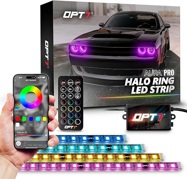 OPT7 Aura Pro Halo Lights DRL for 2008-2023 Dodge Challenger with App & Remote Control, Multi-Color Mode, Demon Eye, Angel Eye, Headlight Accessories, Easy Installation