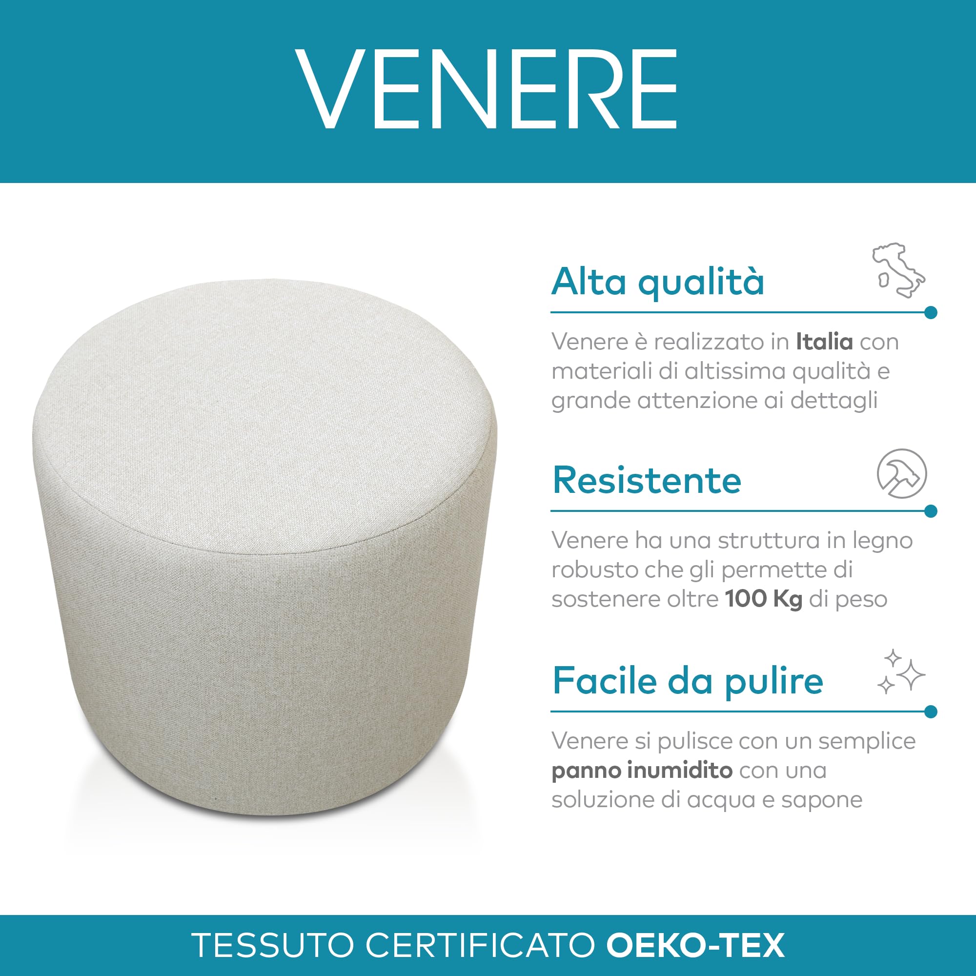 Deshome Pouf hocker Fußstütze runden Ø 50 cm Wasserabweisender Stoff: Modernes Design Pouf für Sofa Wohnzimmer Schlafzimmer, Puff hocker, Pouffe Venere Cremeweiße