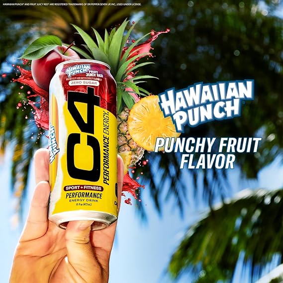 C4 Energy Drink, Hawaiian Punch Fruit Juicy Red, Carbonated Sugar Free Pre Workout Performance Drink with no Artificial Colors or Dyes, 16oz (Pack of 24)