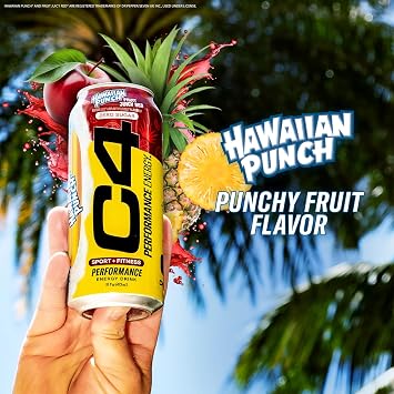 C4 Energy Drink, Hawaiian Punch Fruit Juicy Red, Carbonated Sugar Free Pre Workout Performance Drink with no Artificial Colors or Dyes, 16oz (Pack of 24)