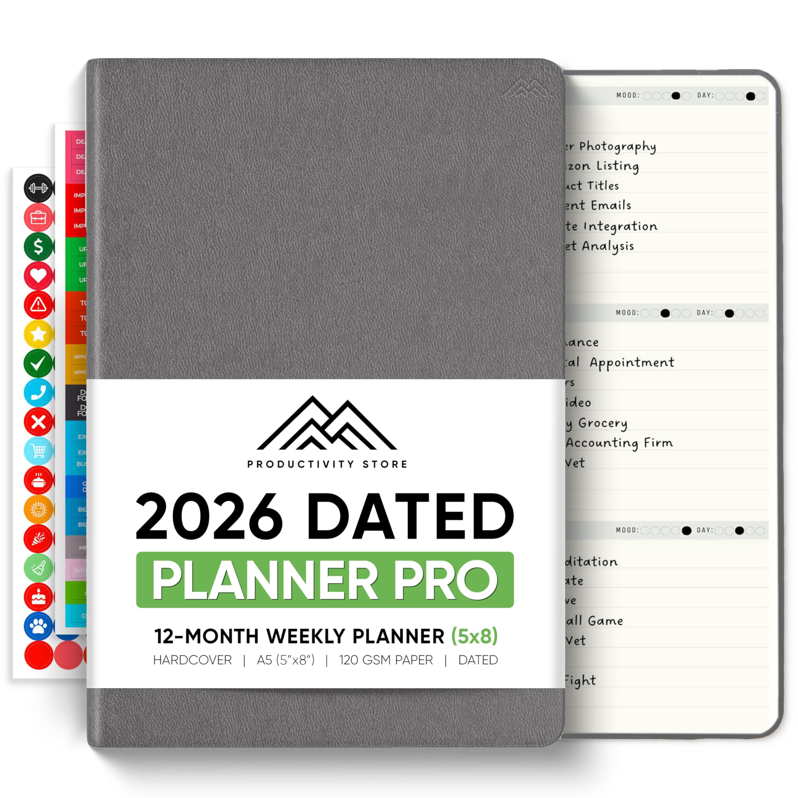 Productivity Store - Dated 2023 Planner PRO - Daily, Weekly and Monthly 2023 Planner - Best 2023 Goal, Work & Productivity Planner | A5 Hardcover 5.5β x 8β (Grey)