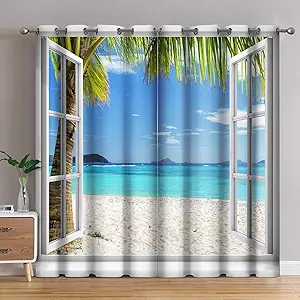 Jekeno Ocean Beach Palm Trees Blackout Curtains Summer Tropical Island Decor Seaside White Wooden Window View Print Grommet Window Drapes for Bedroom Living Room 2 Panel Set, 52"x84"