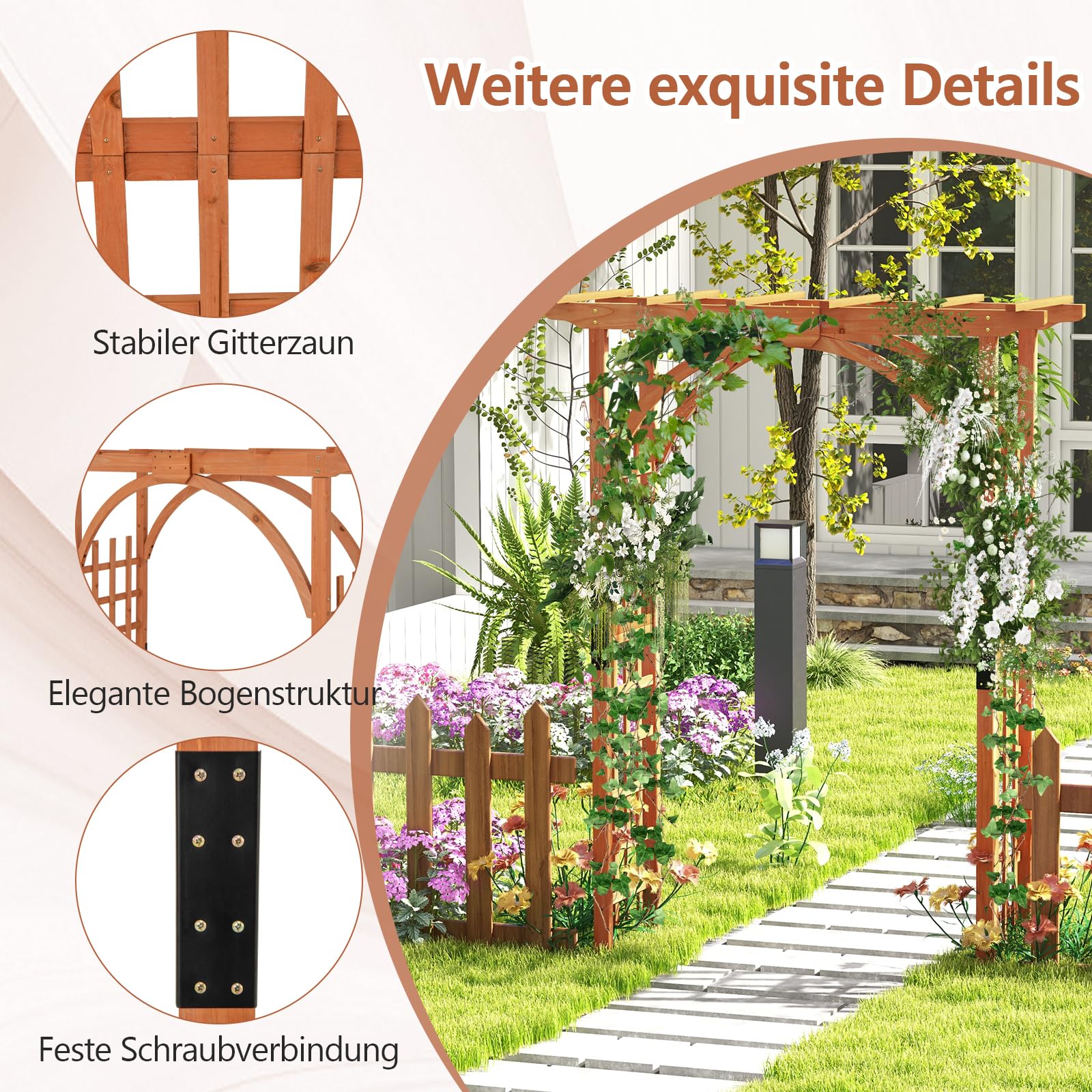 RELAX4LIFE Rosenbogen Holz, Gartenbogen für Kletterpflanzen & Rosen, Torbogen mit Dach, Rankhilfe Rankgitter Rankbogen aus Tannenholz, Rosengitter für Garten & Hochzeit, 160 x 60 x 213 cm, Orange