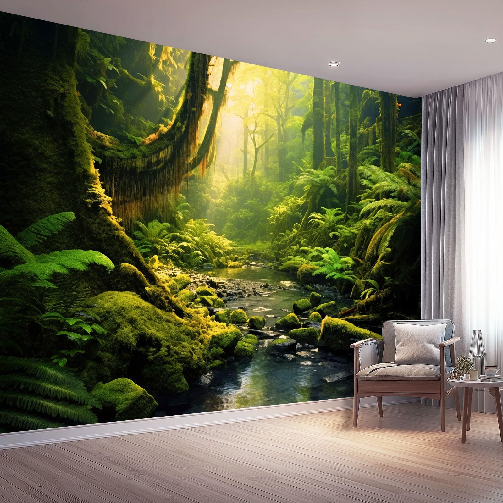 3D Panoramic Custom Colorful Wallpaper Murals, Nature Rainforest Ferns Non-Woven Wall Murals, Modern Living Room Kitchen Dining Room Bedroom Wall Mural Wallpaper 350 x 256 cm (W x H)