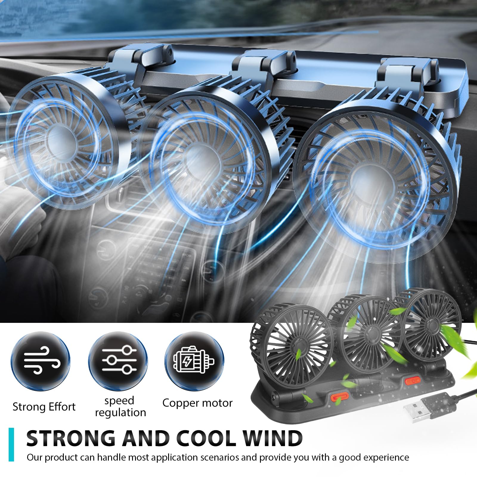 BORDEAG Ventilatore Elettrico per Auto,360°12V 24V Ventilatore USB Auto Portatile,Ricaricabile Ventilatore da Tavolo Silenzioso,Ventola Clip-On Regolabile per Camper,Camion,Berlina/SUV/RV/Barca