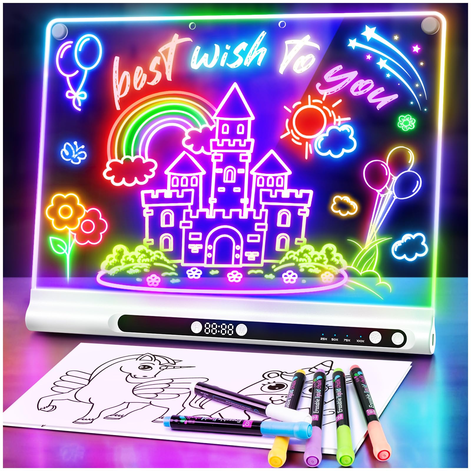 LED-Zeichenbrett Wiederaufladbares 41 cm, 9 Lichtmodi mit Timer, Neon-Trockenlöschtafel mit Ständer, Leuchtendes Schreib- und Notizboard, Geschenk für Kinder/Mädchen, 6 Stifte & Vorlagenbuch, Weiß