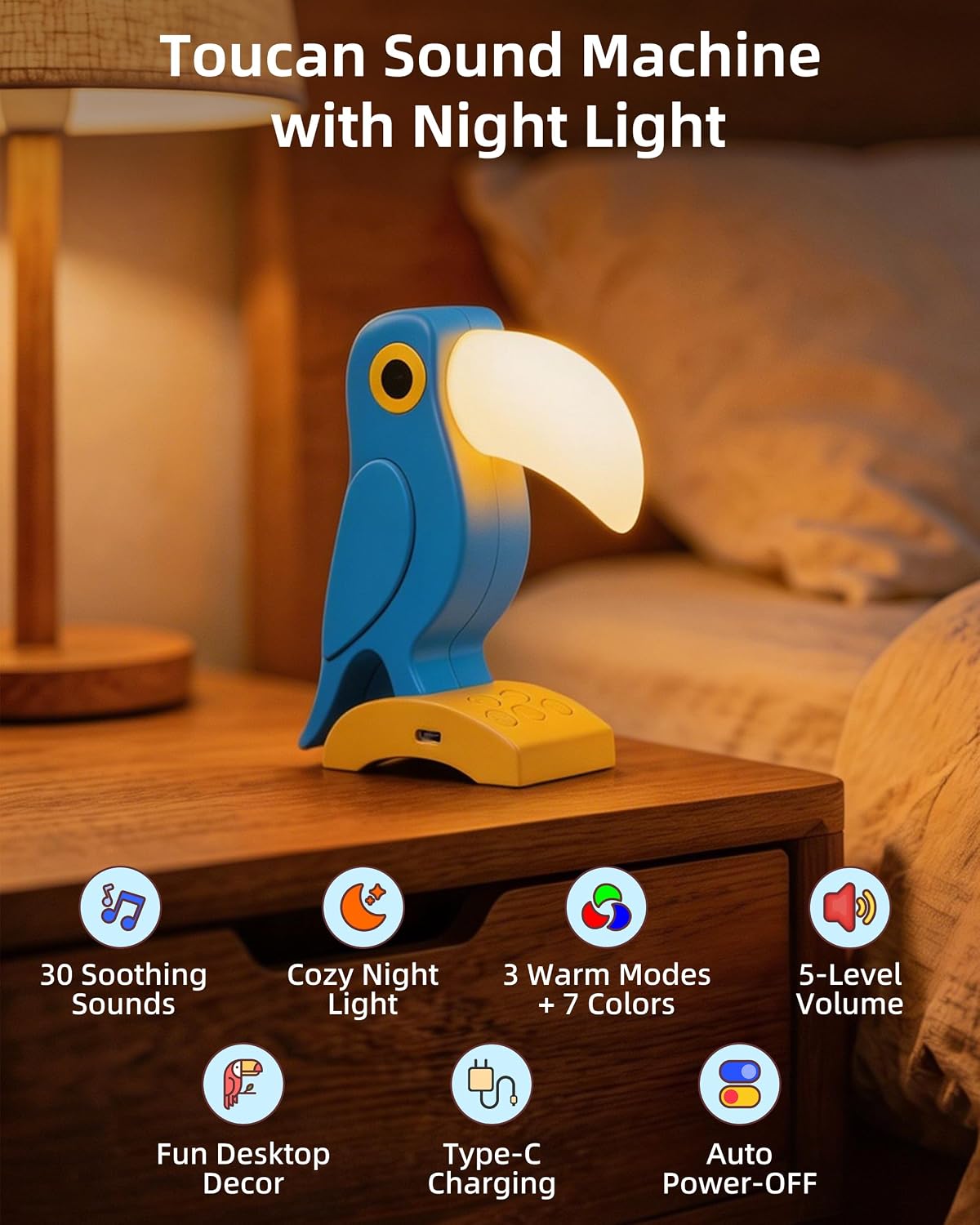 White Noise Sound Machine With 30 Soothing Sounds 7 Colors Night Light,Toucan White Noise Machine for Kids Adults Sleep Machines 5 Volume Levels 1 Hour Auto-Off Timer for Home Decor Office Travel,Blue