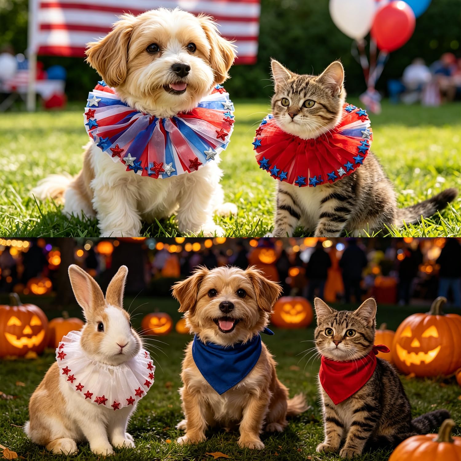 Small Pet Collars 4th of July Dog Tulle Collar, Adjustable Red Blue White Ruffle Collar USA Theme Party Collars for Small and Medium Pets Independence Day Costume (Red White Blue, Large)