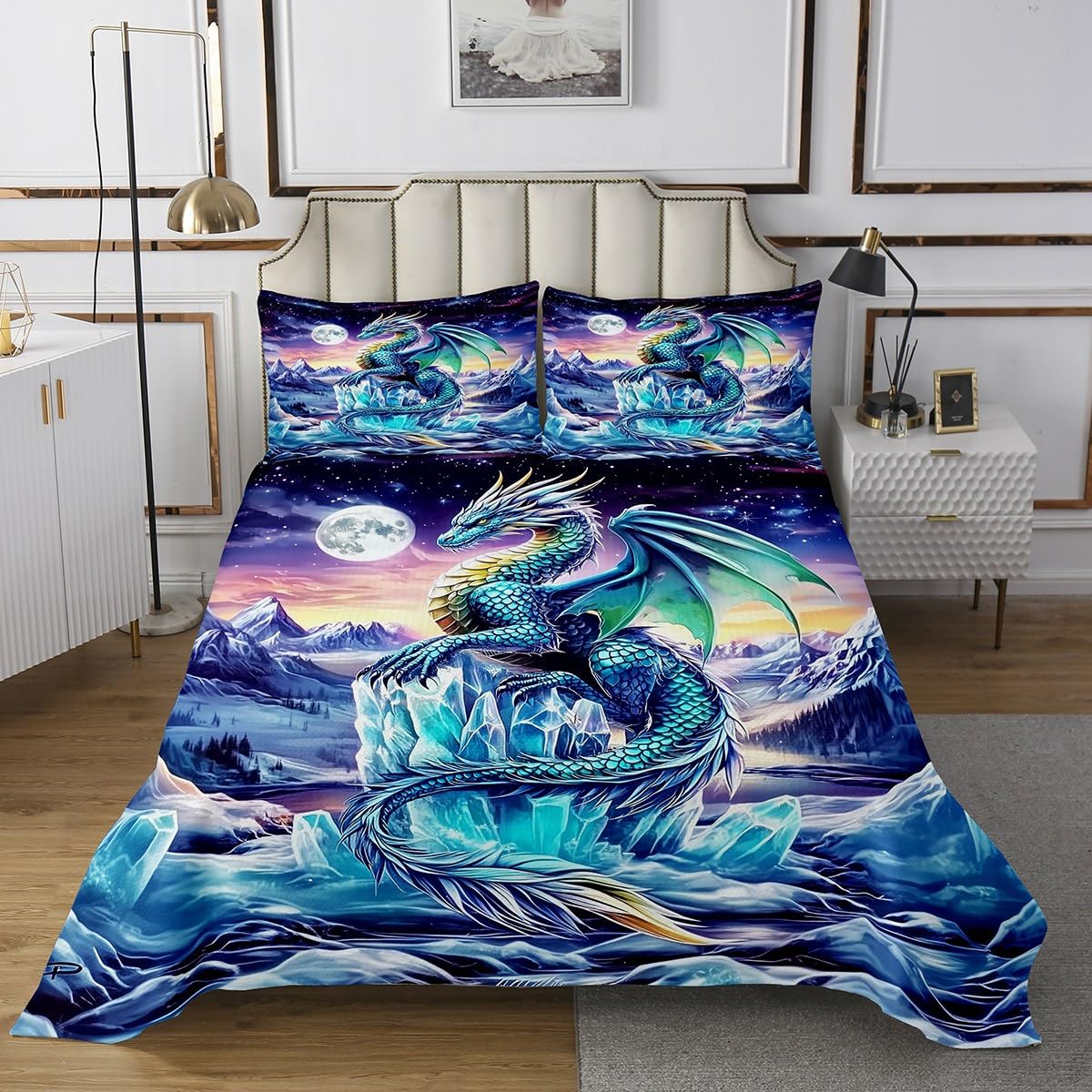 Erosebridal Magical Western Dragon Bedspread Sets for Kids Boys Girls,Galaxy Starry Sky Coverlet Sets King,Exotic Wildlife Quilt Set Ice Mountain Animal Green Fantasy Dragon Bed Set