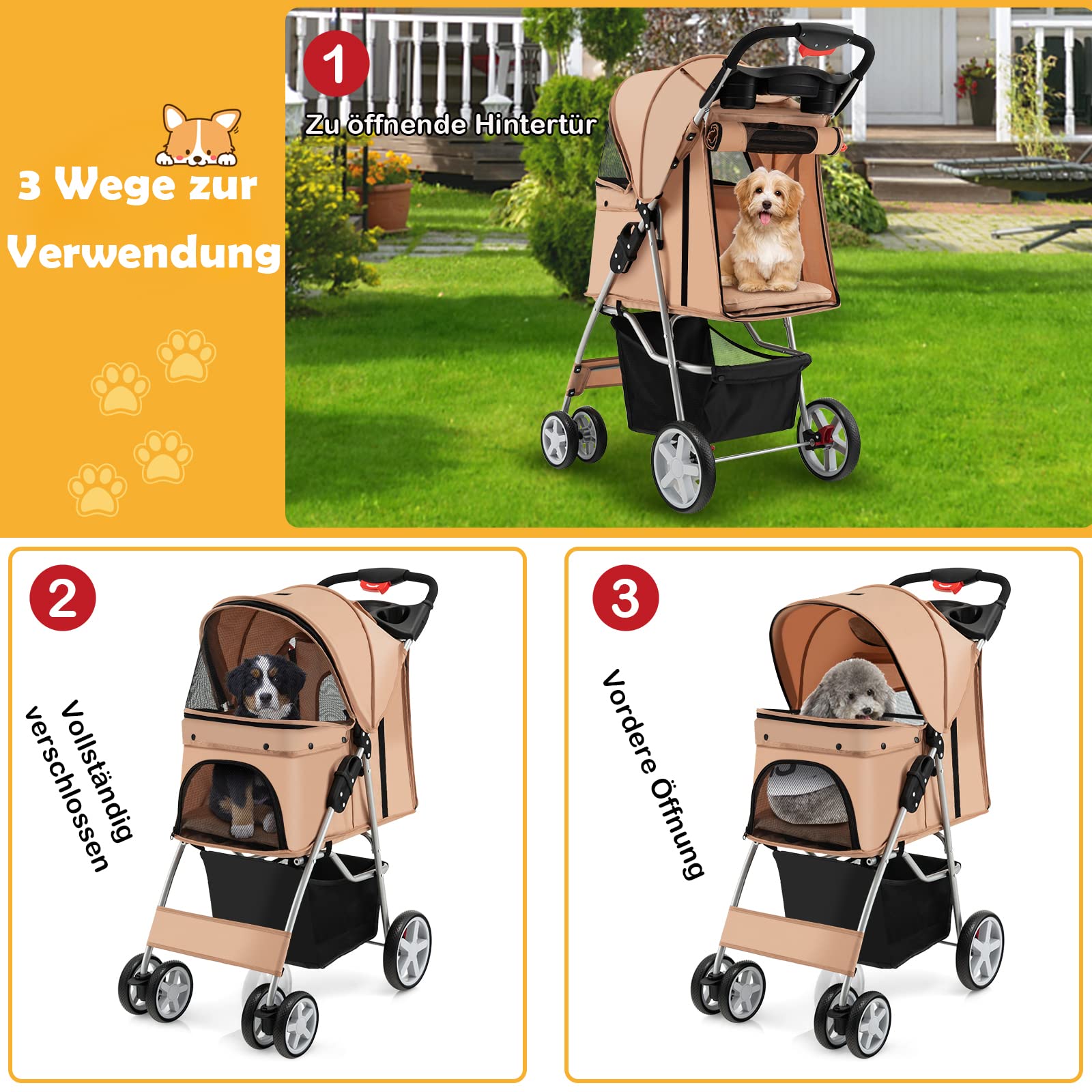 COSTWAY Hundewagen Haustiere Buggy, bis 15 kg, Hundebuggy mit Netzfenstern & Getränkehalter & Korb & Sonnenschutz, Faltbarer Katzenwagen, Katzenbuggy für kleine Hunde Katzen (Beige)