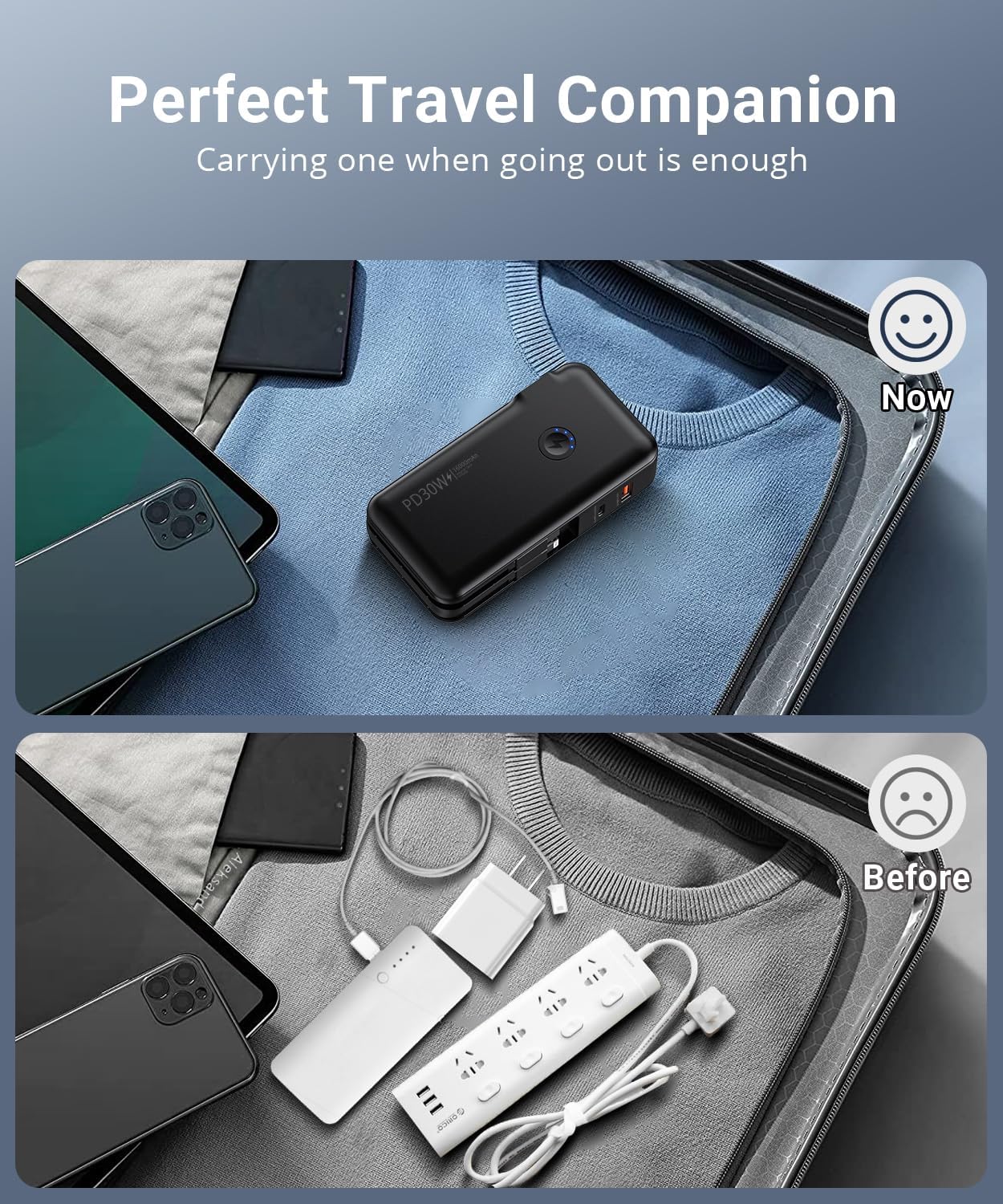 QiSa Portable Charger, Power Bank, 16000mAh Power Bank Built-in AC Wall Plug and Cables, PD 30W and QC4.0 Fast Charger for iPhone and Android Phones and Most Electronic Devices (Black) - Image 9