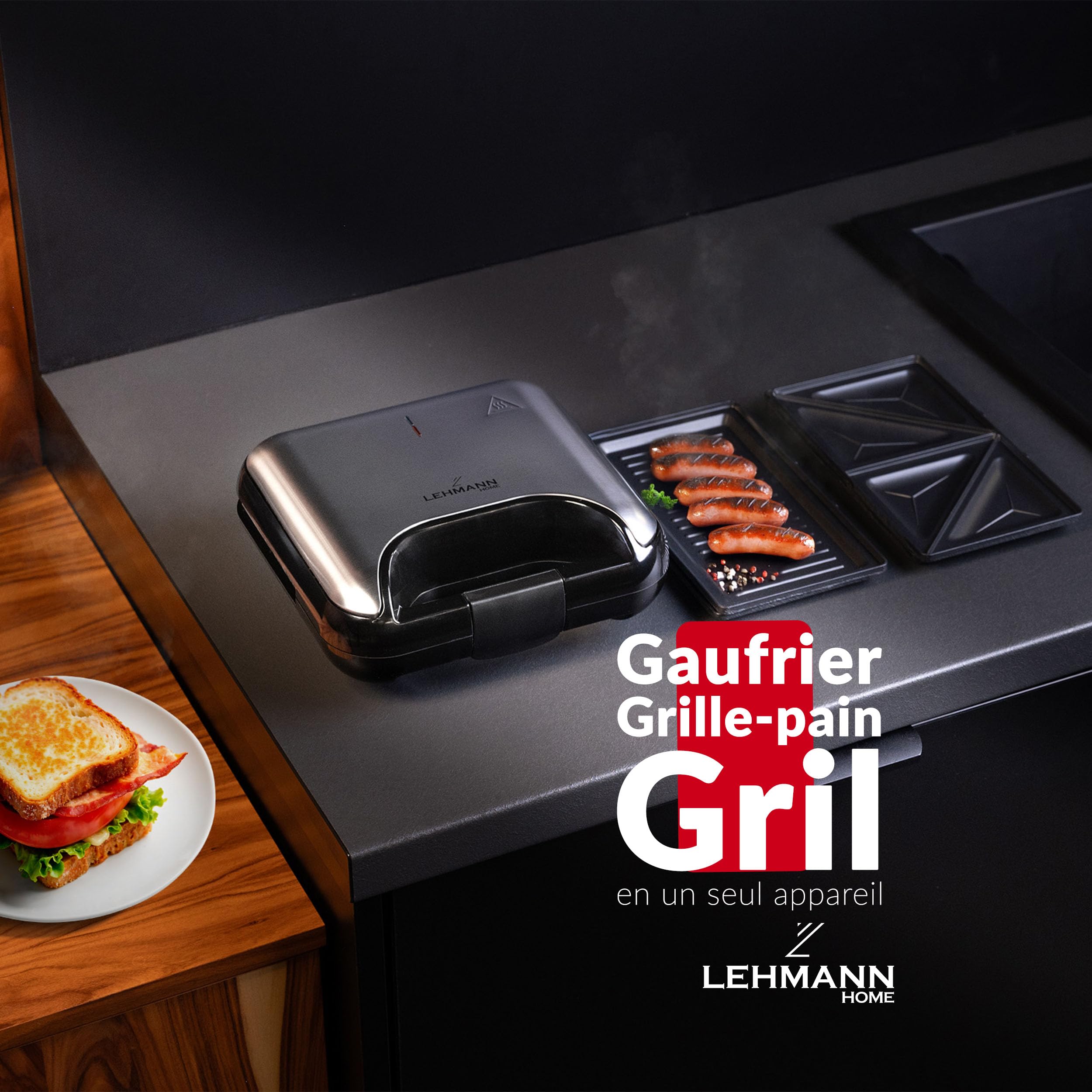LEHMANN Multifonction Appareil Croque Monsieur 3 en 1 avec Plaques Interchangeables - Gaufrier, Panini Grill, Appareil a Croque Monsieur, Revêtement Antiadhésif, Préparation Rapide
