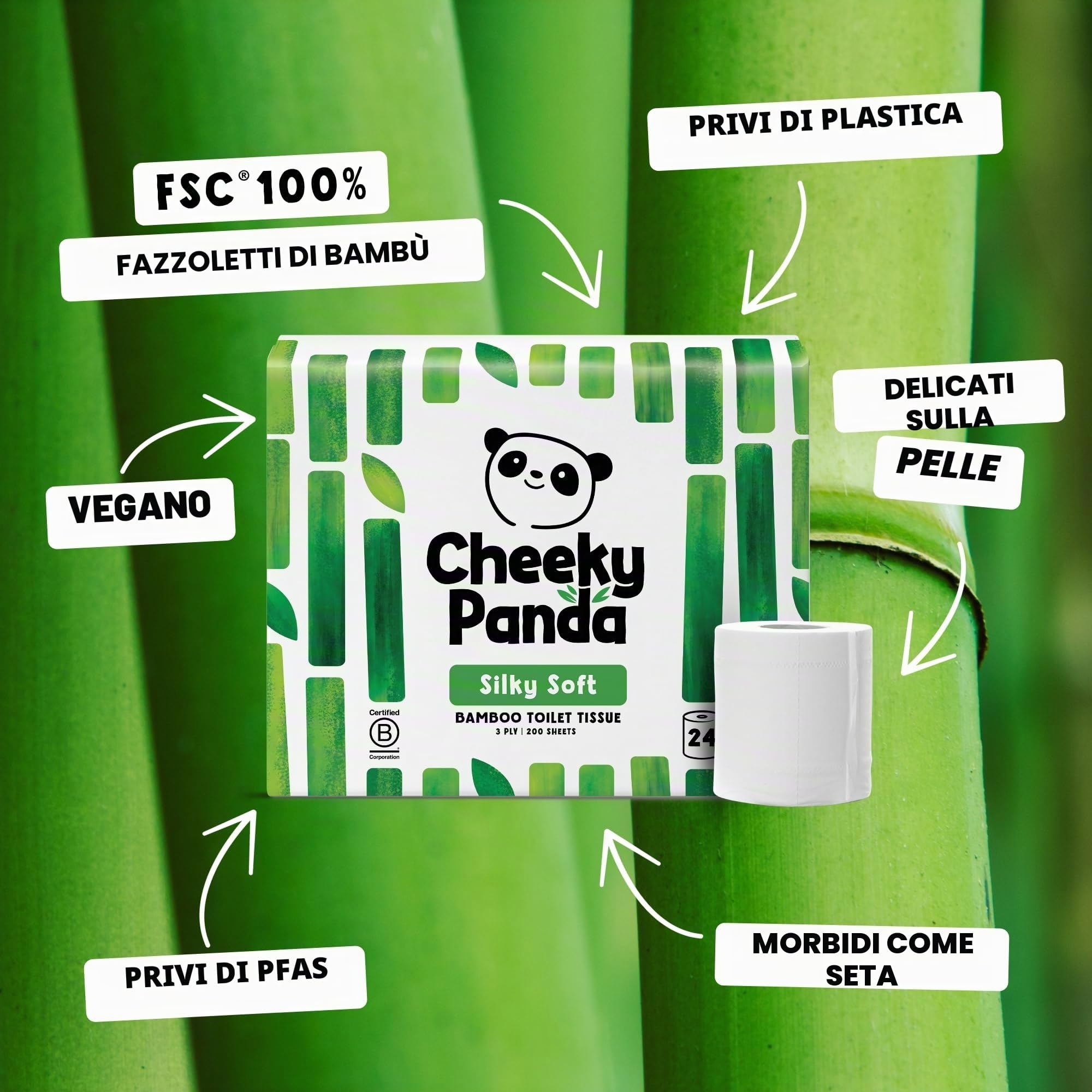 The Cheeky Panda Carta Igienica Bamboo | 24 x Rotoli Carta Igienica 3 Veli | 200 Soffici Fogli | Biodegradabile ed Ecológico | Senza plastica
