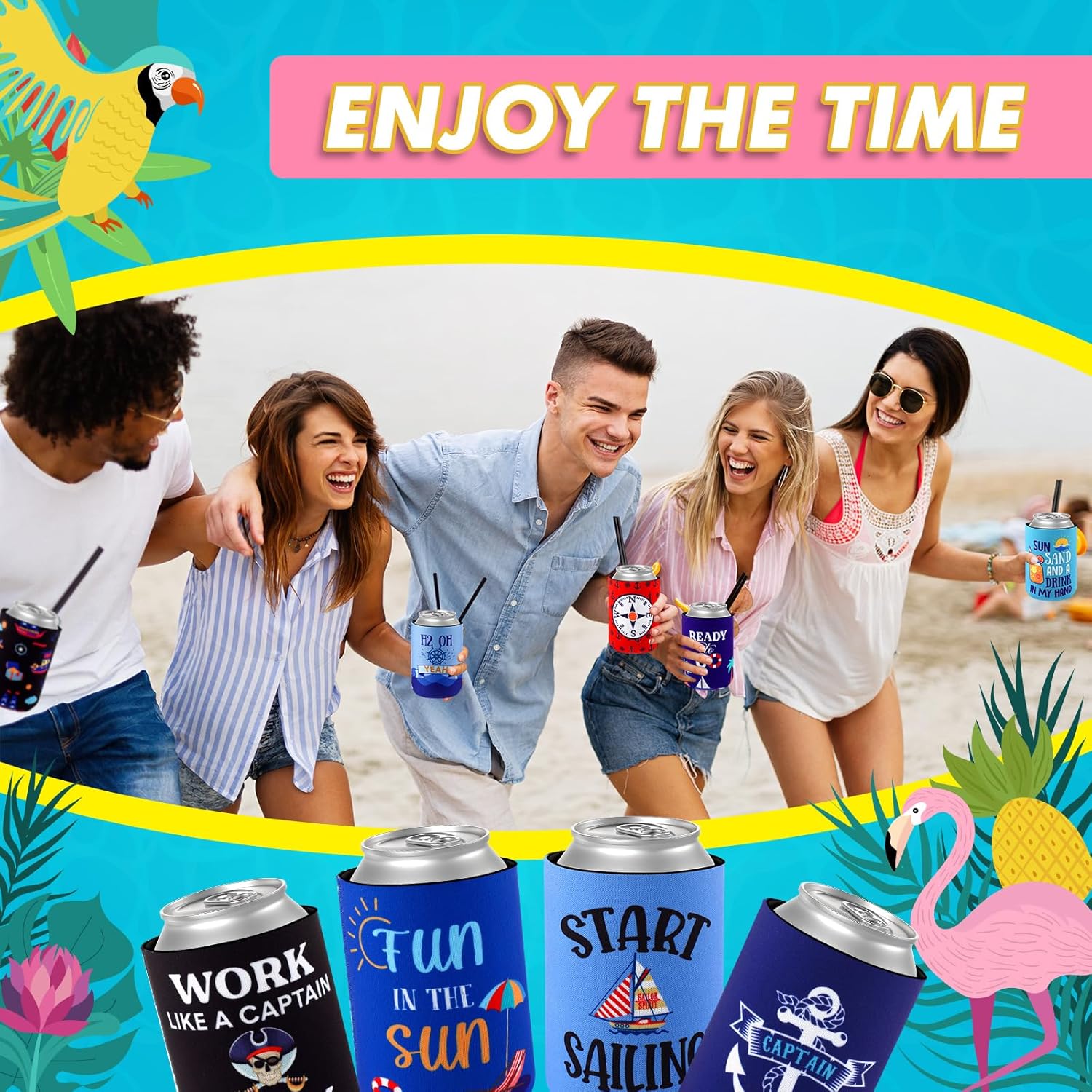 Dandat 24 Pack Insulated Neoprene Can Cooler Sleeves for Drink,Beach Themed Can Cooler Collapsible Beverages Drink Holders with Funny Quotes for Soda Cans, Bottles, BBQs, Party Favors 6.5 x 3.3 Inch - Image 5