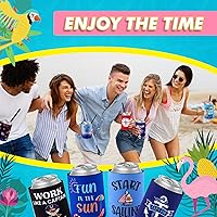Vista 5 de Dandat Paquete de 24 enfriadores de latas con temática de playa – Divertidas fundas para bebidas para barbacoa y playa, soportes plegables