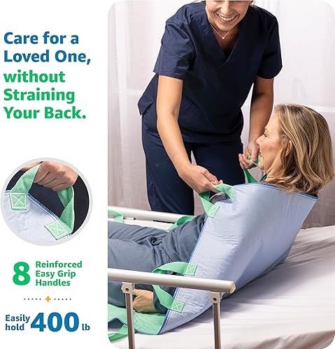 Miniatura 6 de Improvia Almohadilla de cama de posicionamiento, con 8 asas reforzadas, de secado rápido, lavable, impermeable, para levantar, girar, trasladar,