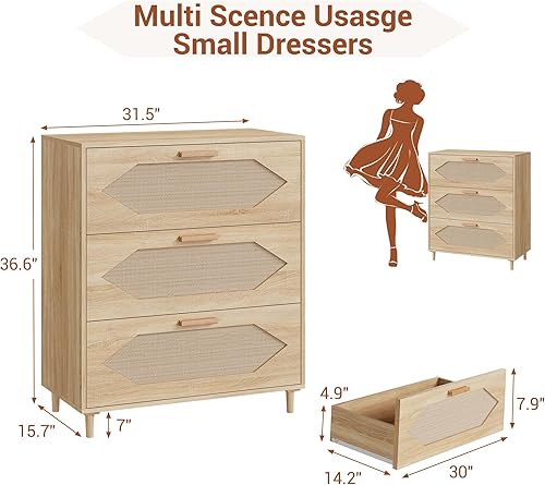 Miniatura 2 de GarveeHome Cómoda de 3 cajones, cómoda para dormitorio, cómoda moderna de ratán, cómoda de madera, armarios de almacenamiento de madera para