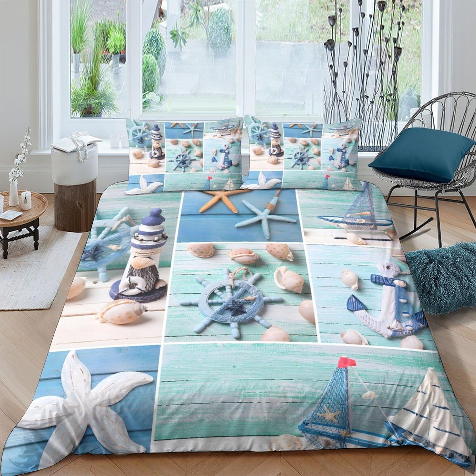 Ctjqhvkz Style-5 3D Printed Seaside Star Fitted Sheet Microfiber Ocean Shell Bed Cover For Bedroom Decor Anti-Slip Machine Washable Single（135X200cm）