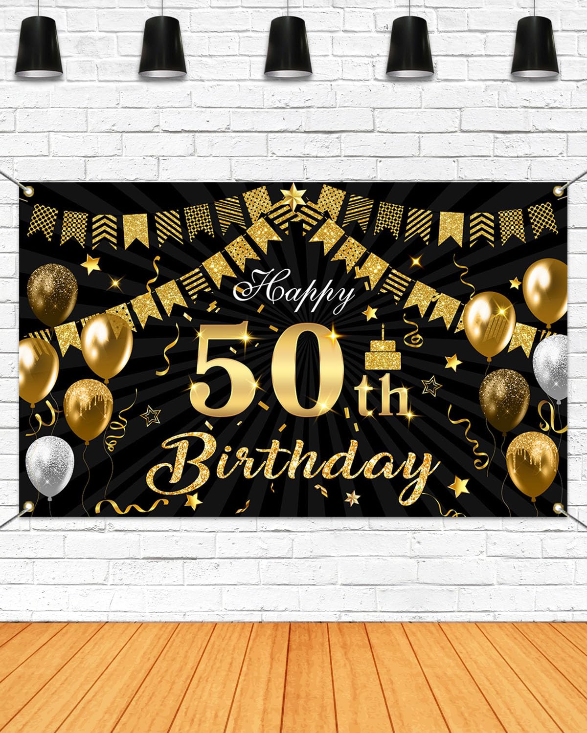 Mocsicka 50th Birthday Banner Backdrop Black and Gold Happy Birthday Decorations Banner for Men Women Fifty Years Old Party Supplies Photo Booth Props