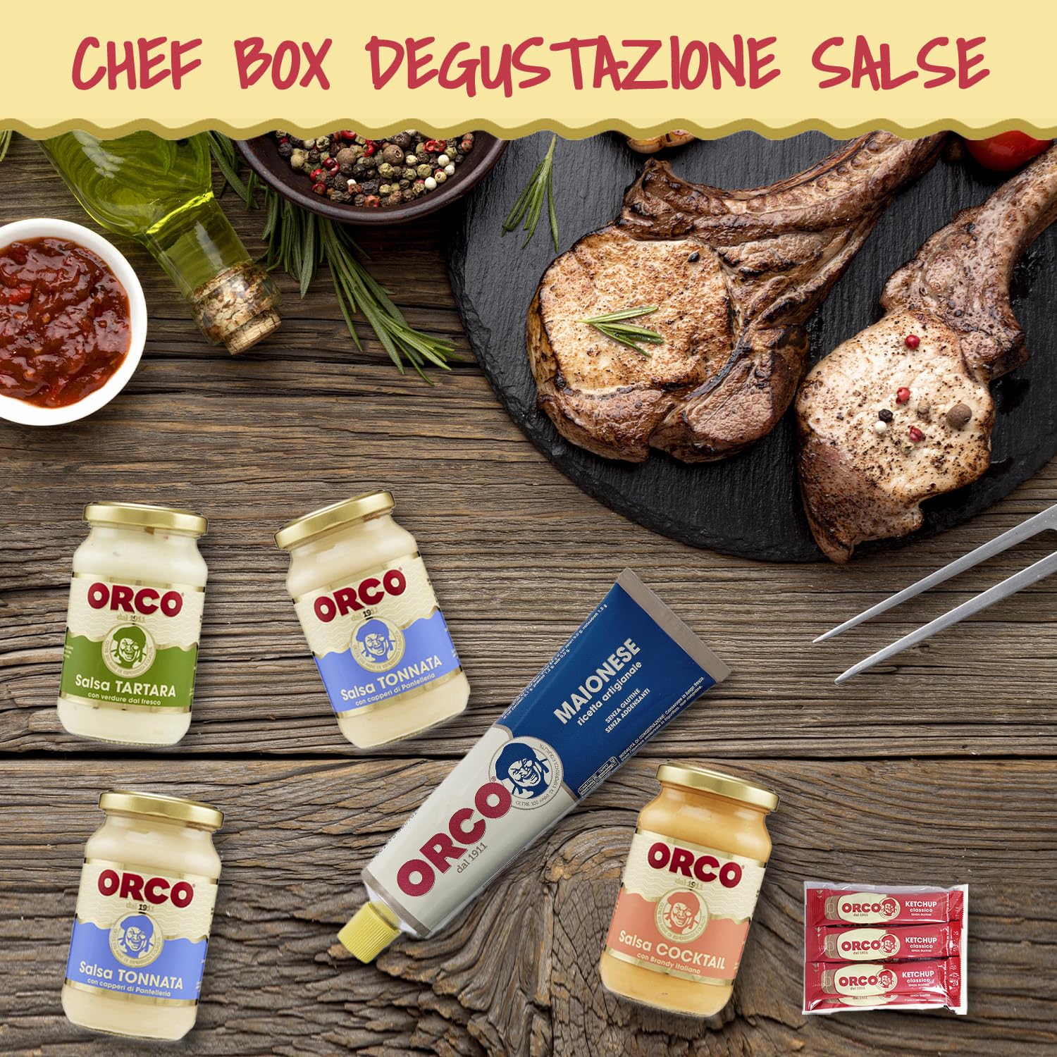 Orco, Chef Box Salse - Confezione Degustazione di varie Salse: Tonnata, Cocktail, Tartara, Ketchup, Maionese - senza Glutine
