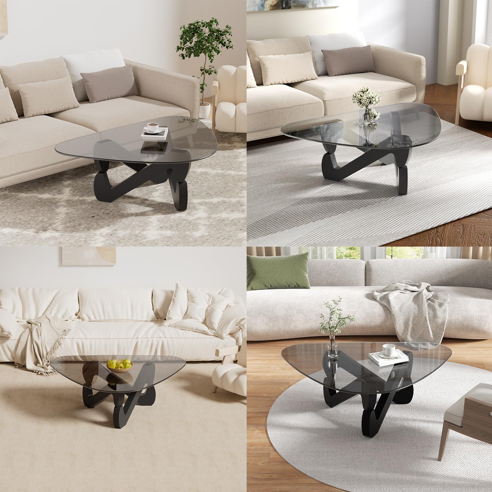 Mesa de centro de cristal triangular, mesa de centro moderna con base triangular de madera maciza y vidrio templado grueso, mesa auxiliar, mesa de café elegante para sala de estar oficina, 82 x 57 x