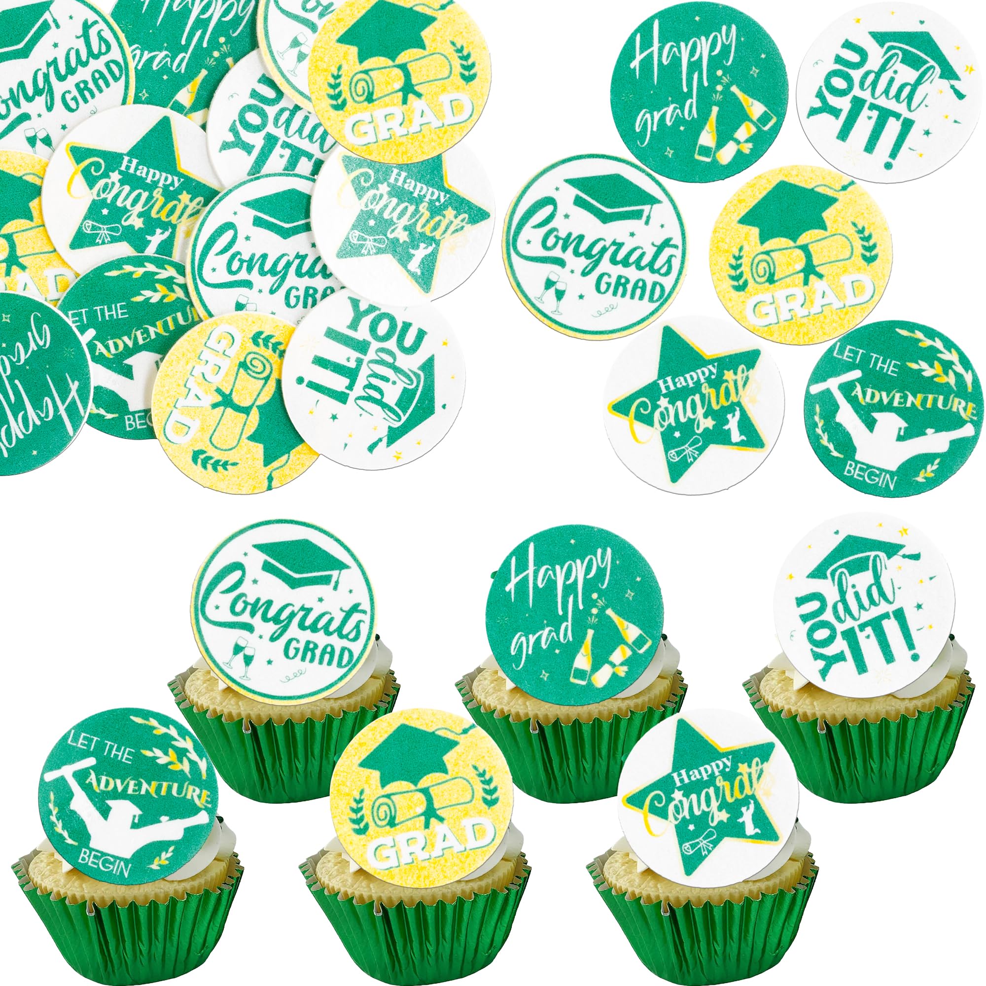 Gyufise 48Pcs 2026 Graduation Cupcake Toppers Wafer Paper Class of 2026 Cake Decorations Edible Congrats Grad Cupcake Picks for 2026 Graduation Theme Party Cake Supplies Green Gold