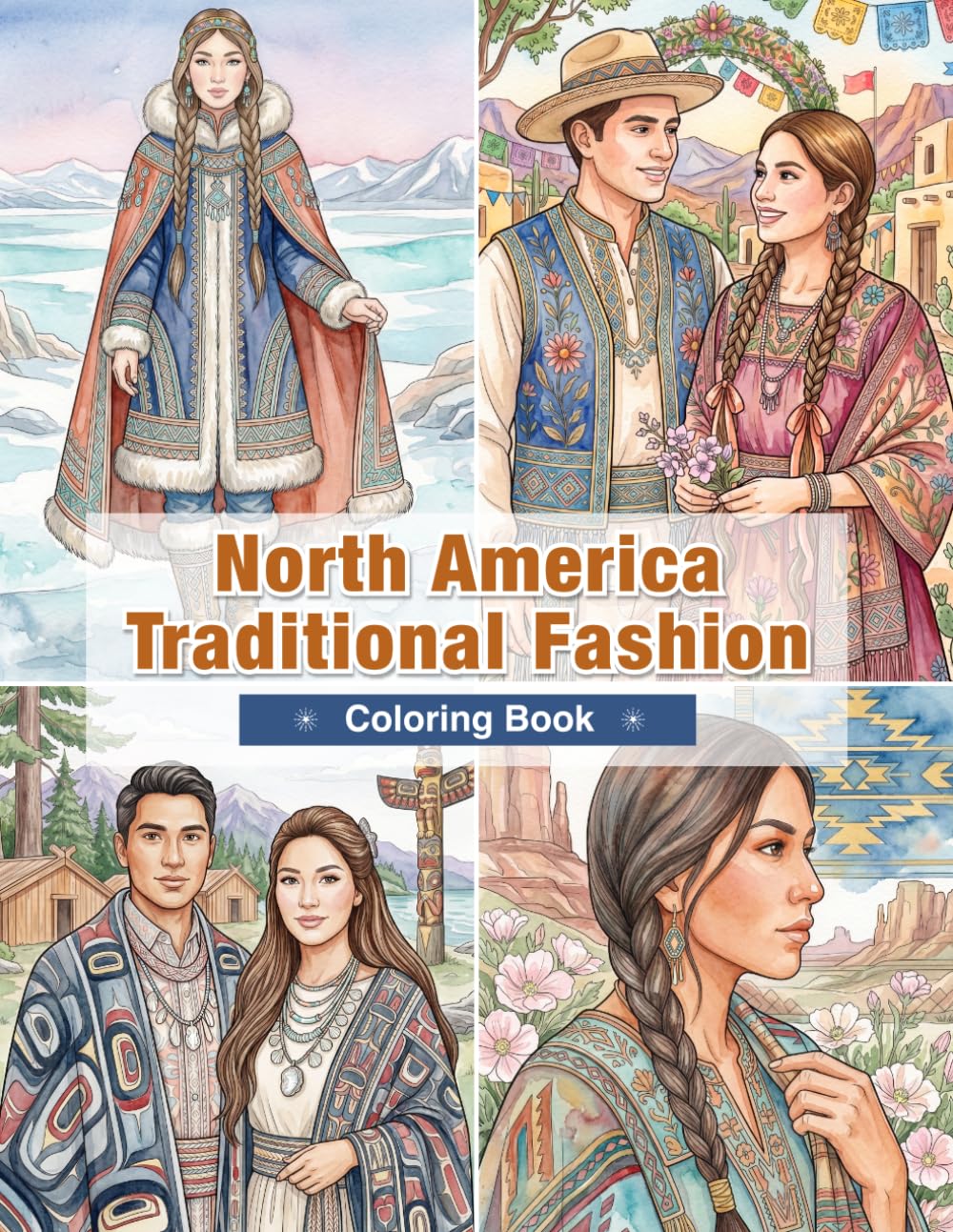 North American Indigenous Fashion Coloring Book for Adults: Traditional Clothing from Arctic, Plains, Woodlands, Southwest, and Pacific Cultures (World Traditional Fashion)