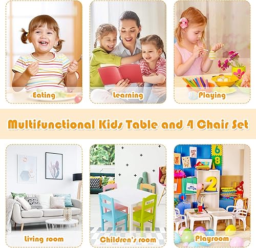Miniatura 6 de Costzon Juego de mesa y silla para niños, mesa de actividades de madera de 5 piezas y sillas para artes infantiles, manualidades, tareas, merienda,