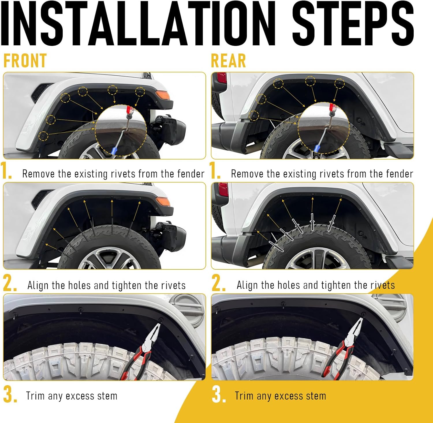 Front & Rear Fender Flares Extensions Set Fit for 2018-2024 Jeep Wrangler JLU JL Sahara Low Clearance Fenders Flares Wheel Fender Liner Trim -Not for high Clearance Fender Flares & 4XE