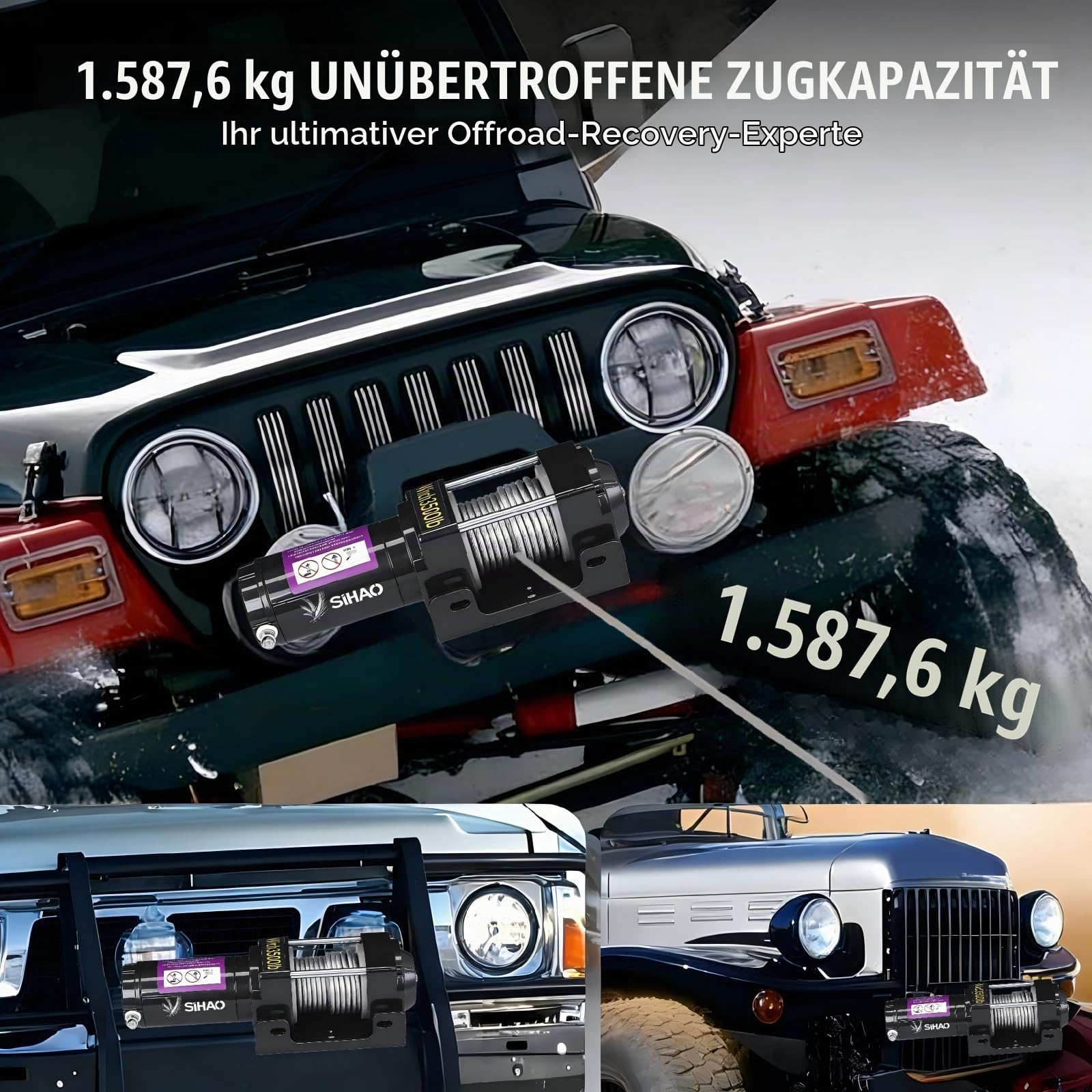 Elektrische Seilwinde 12V, 3500 lbs/1590 kg Motorwinde mit 10 m Stahlseil, Elektrische Winde für Quad Jeep SUV Anhänger Boot, inkl. Funkfernbedienung und Zubehör