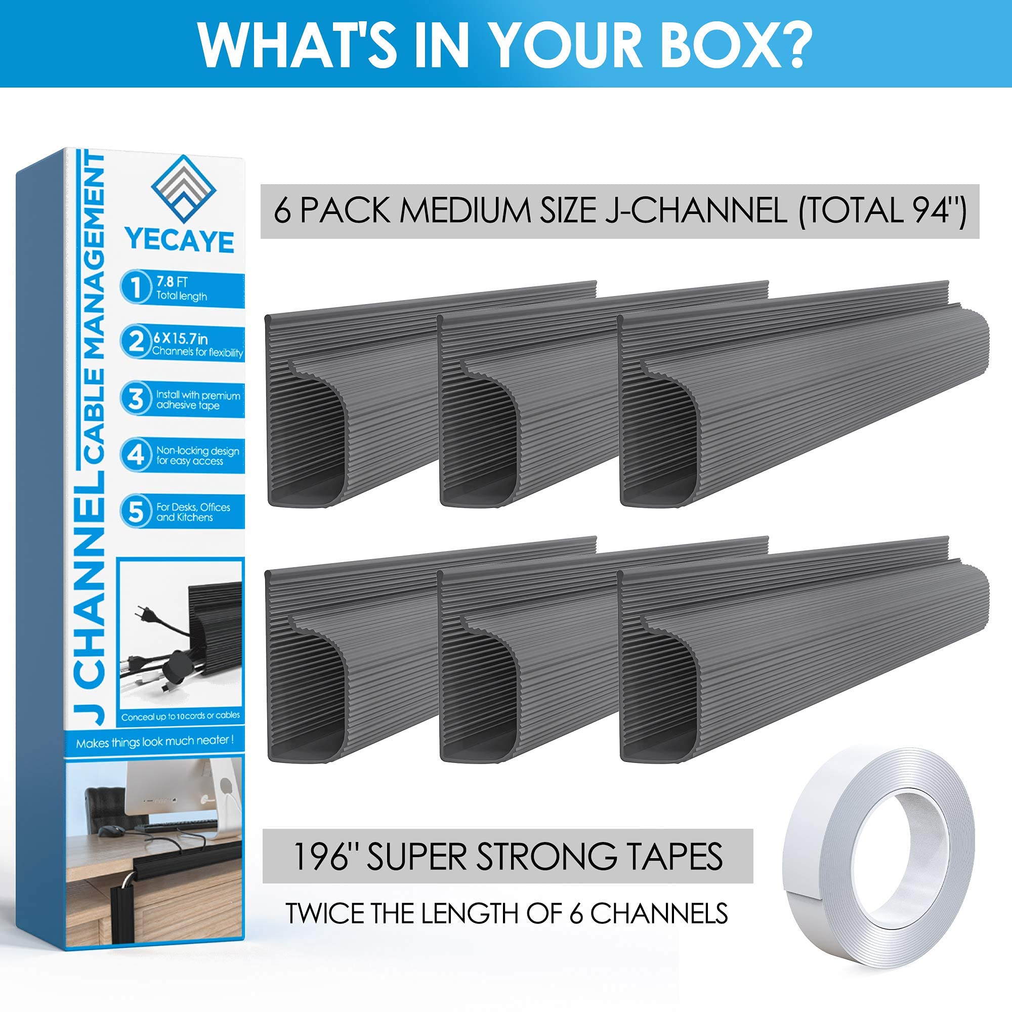 Yecaye 94in J Channel Cable Raceway 6 Pack 15.7in Desk Cord Cable