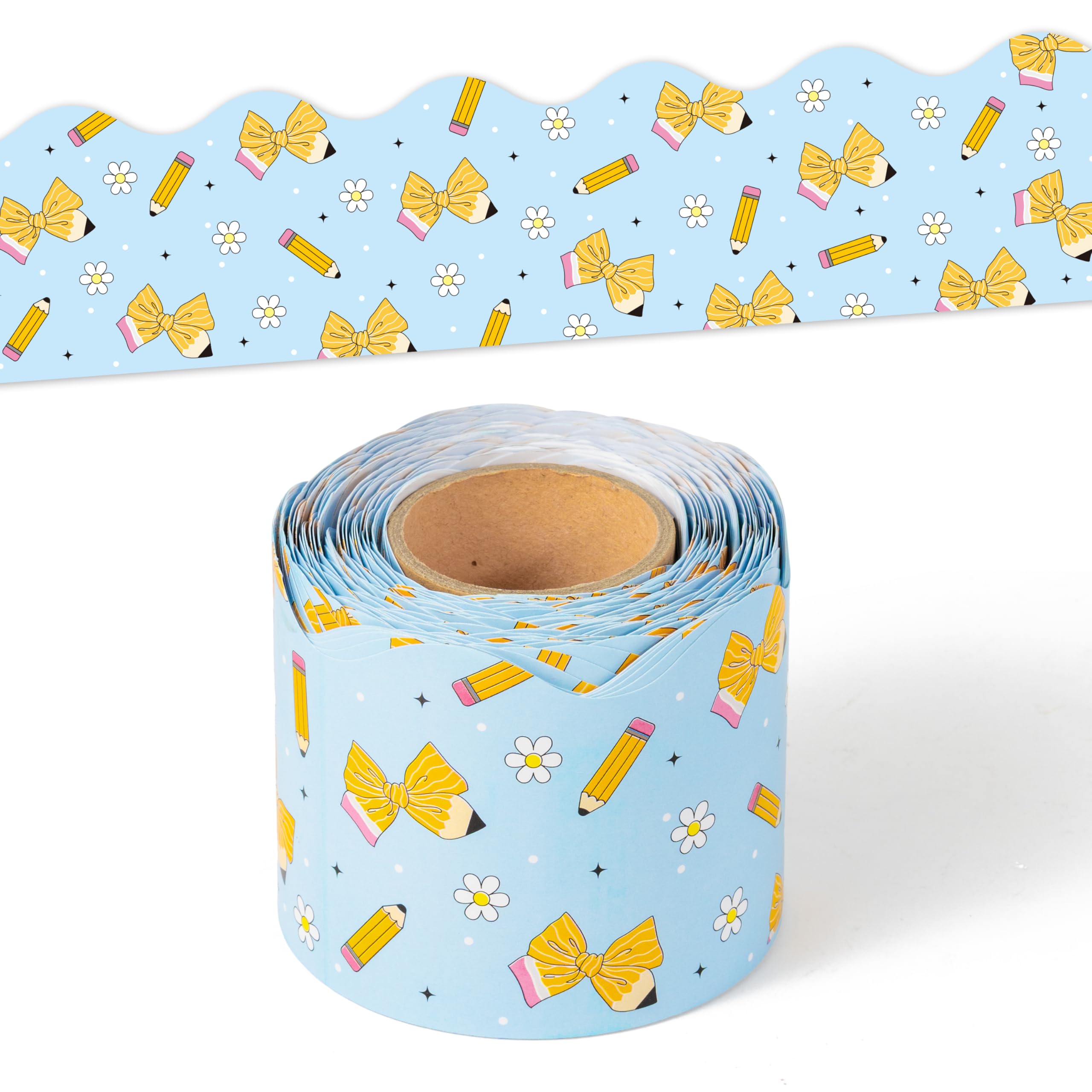 BeYumi Pencil Bow Border Trim - 65ft Back to School Blue Pencil Bow Scalloped Rolled Border Trim Pencils Bowknot Coquette Bulletin Board Set School Classroom Office Chalkboard Party Holiday Wall Decor