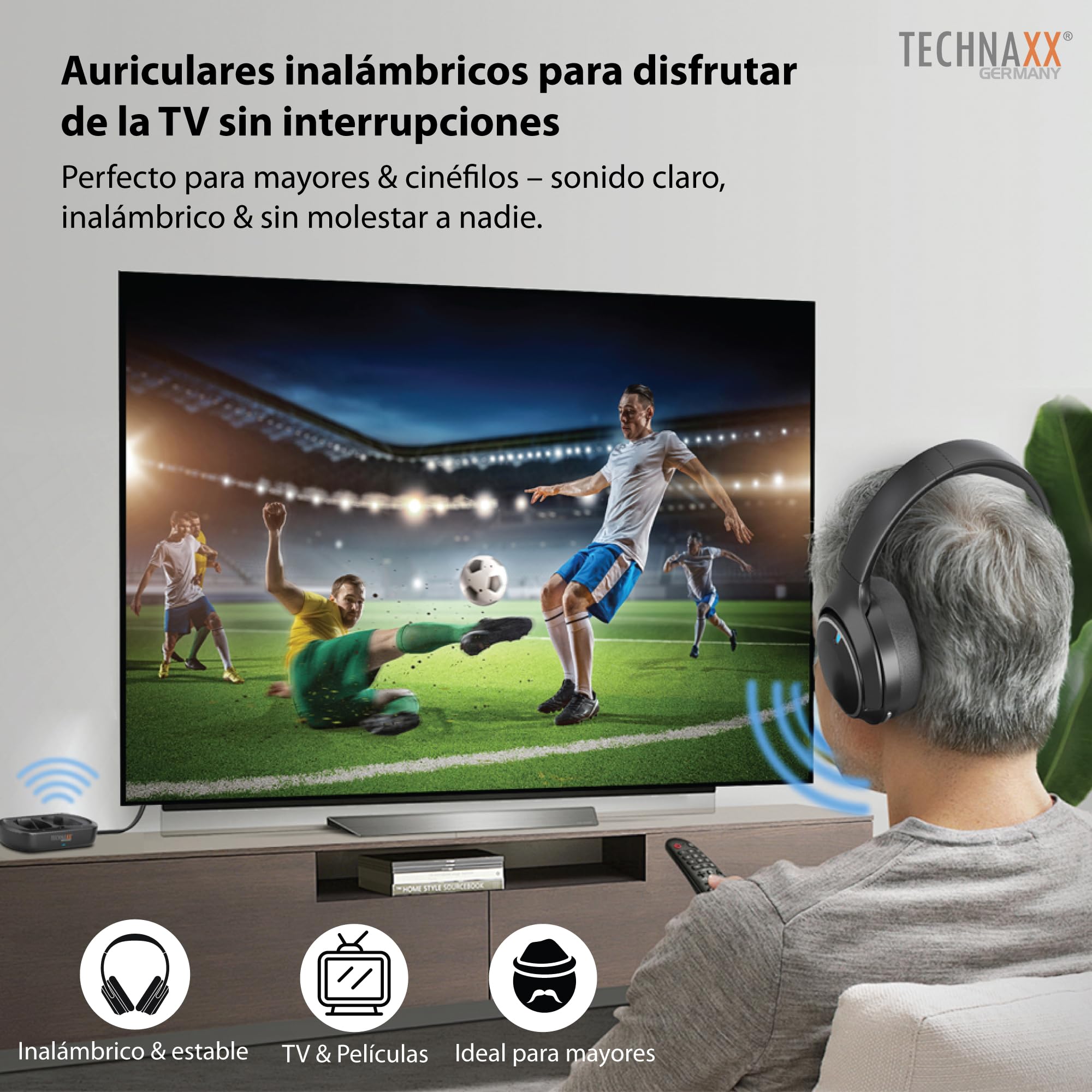 Technaxx Auriculares TV inalámbricos con Base de Carga – Cascos Bluetooth 5.4 Over-Ear con micrófono, 30h batería, USB-C, Entrada óptica y AUX – Ideales para televisión, Mayores y música - TX-350