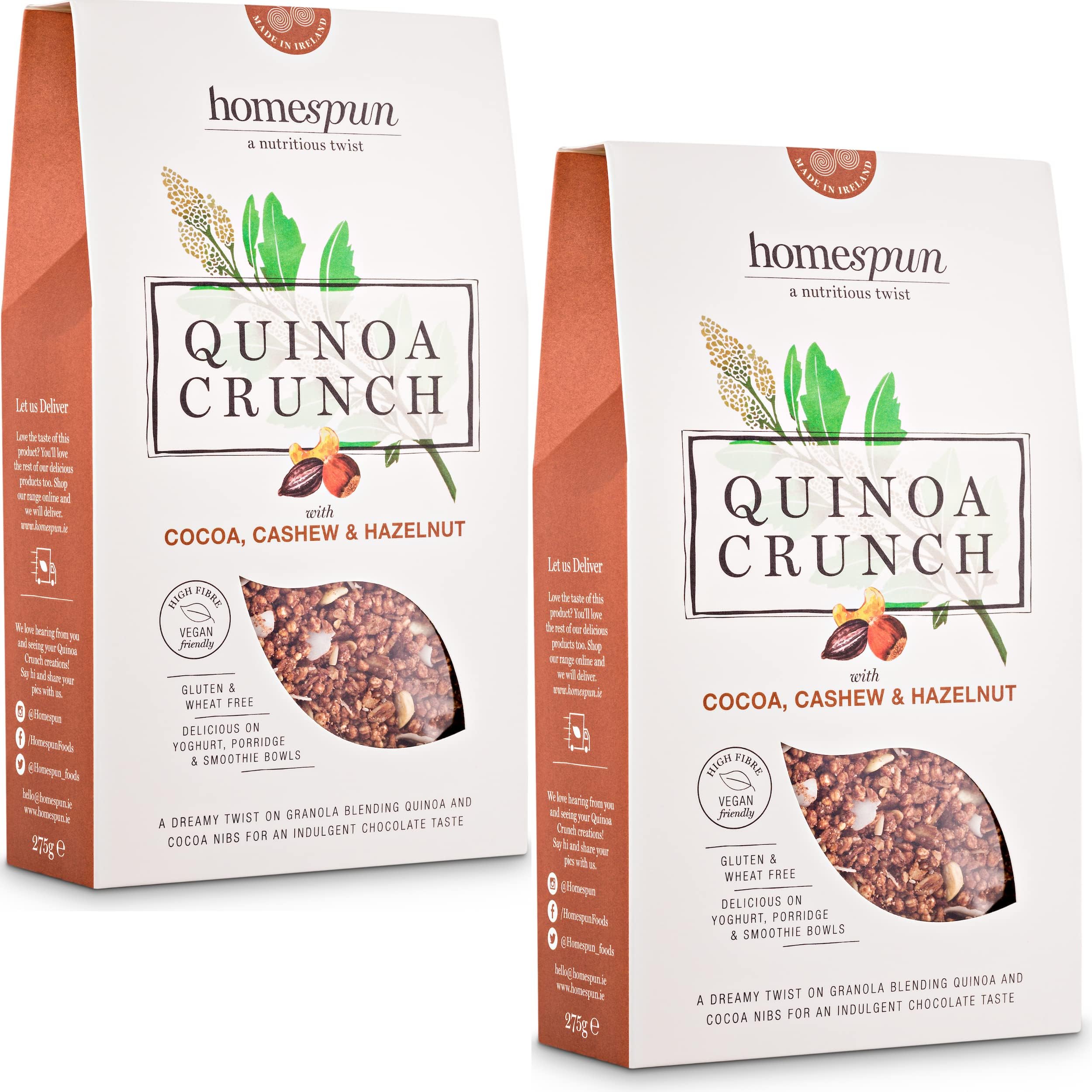Quinoa Crunch - Luxuriously Nutritious Granola - Cocoa Cashew and Hazelnut - Gluten Free- Wheat Free - Refined Sugar Free - 2 x 275g - by Homespun