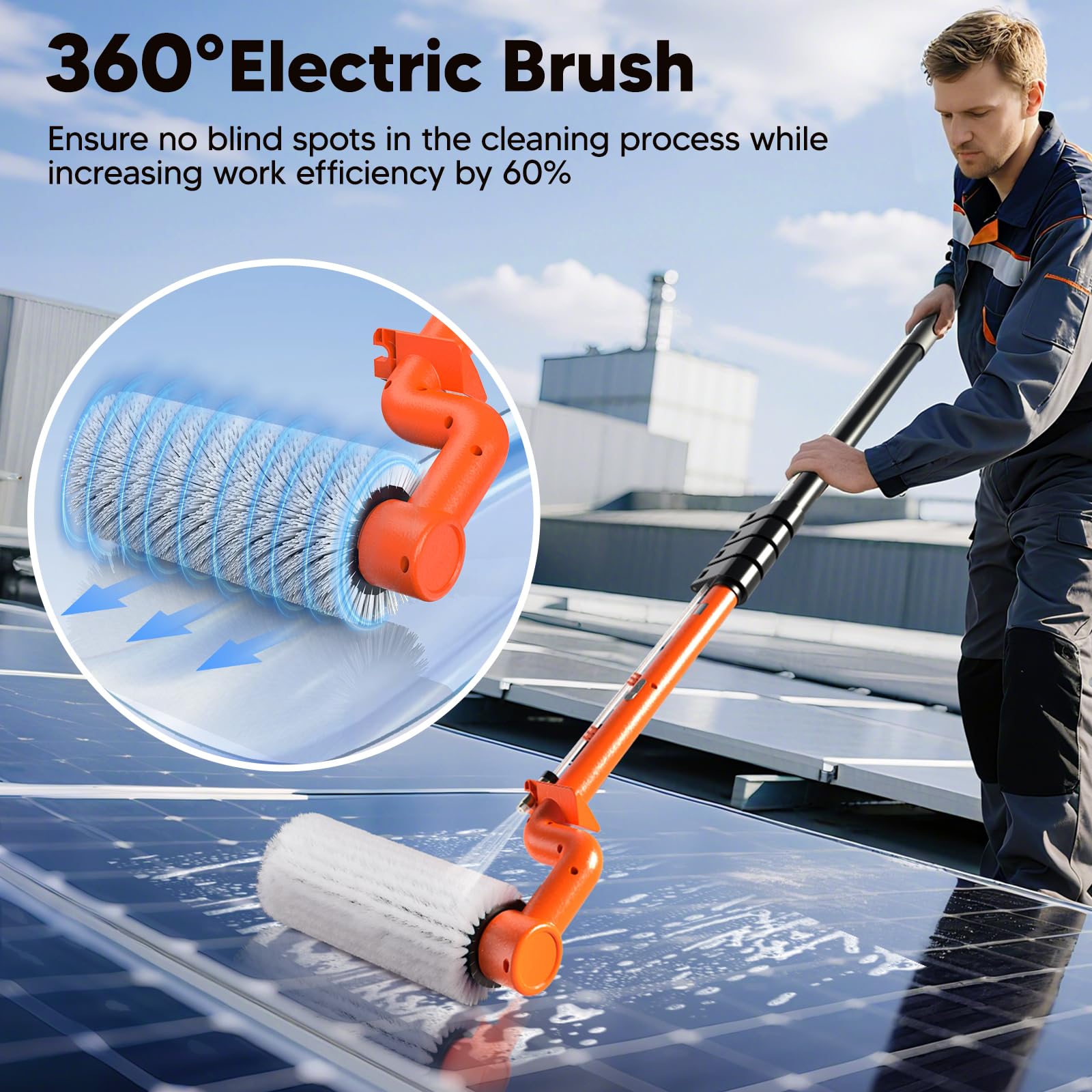 Brosse de Lavage électrique télescopique de 6,5 m - Brosse de Nettoyage électrique à Rouleau avec raccord de Tuyau pour systèmes PV, fenêtres, toits de terrasse et Nettoyage des serres