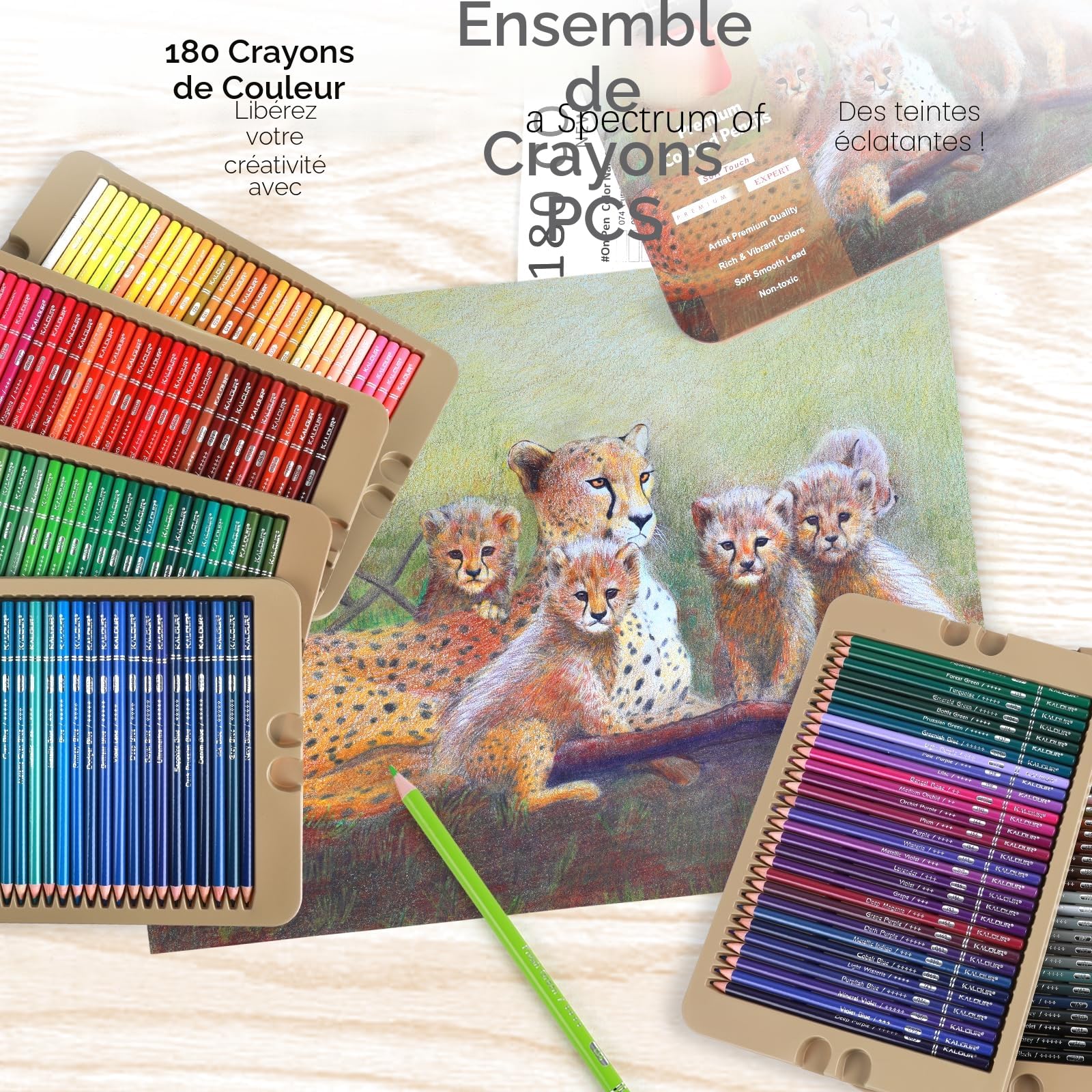 KALOUR PDAS Lot de 180 crayons de couleur pour adultes et artistes, pigments riches et souples, 15 métalliques, 6 fluo, idéal pour le coloriage, le dessin, les croquis,