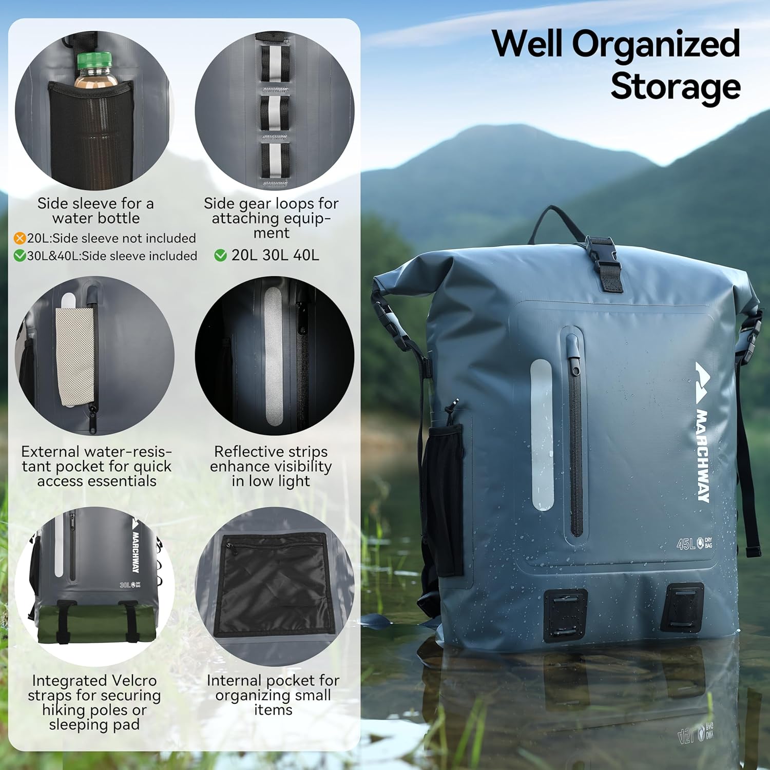 MARCHWAY Roll Top Waterproof Backpack, Floating Dry Bag 20L/30L/45L with Ergonomic Rectangular Base, Cushioned Back, Hip Strap for Hiking Camping Kayaking Travel (Grey, 30L) - Image 2