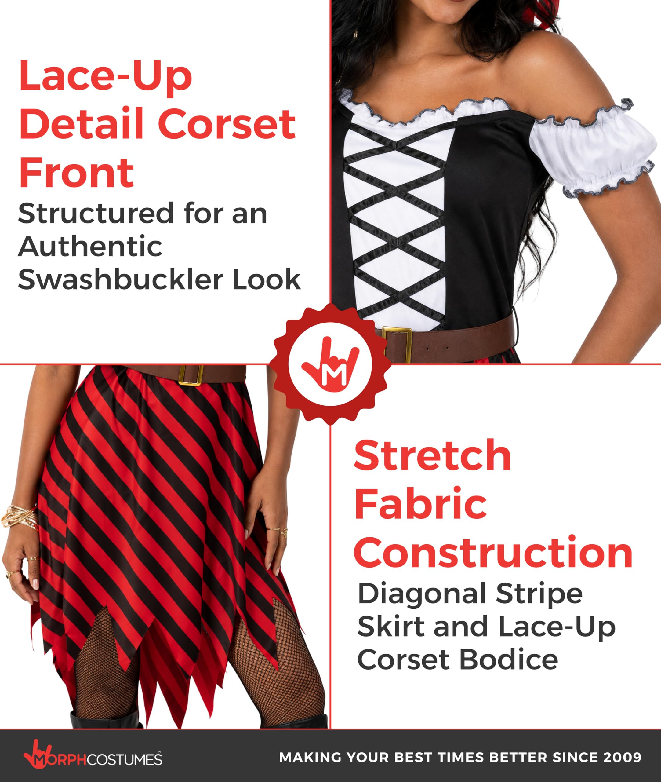 Morph Deguisement Pirate Femme, Costume Pirate Halloween Femme | Chapeau Tricorne, Robe & Ceinture, Look de Pirate, Parfait pour Halloween, Idéal pour se Déguiser
