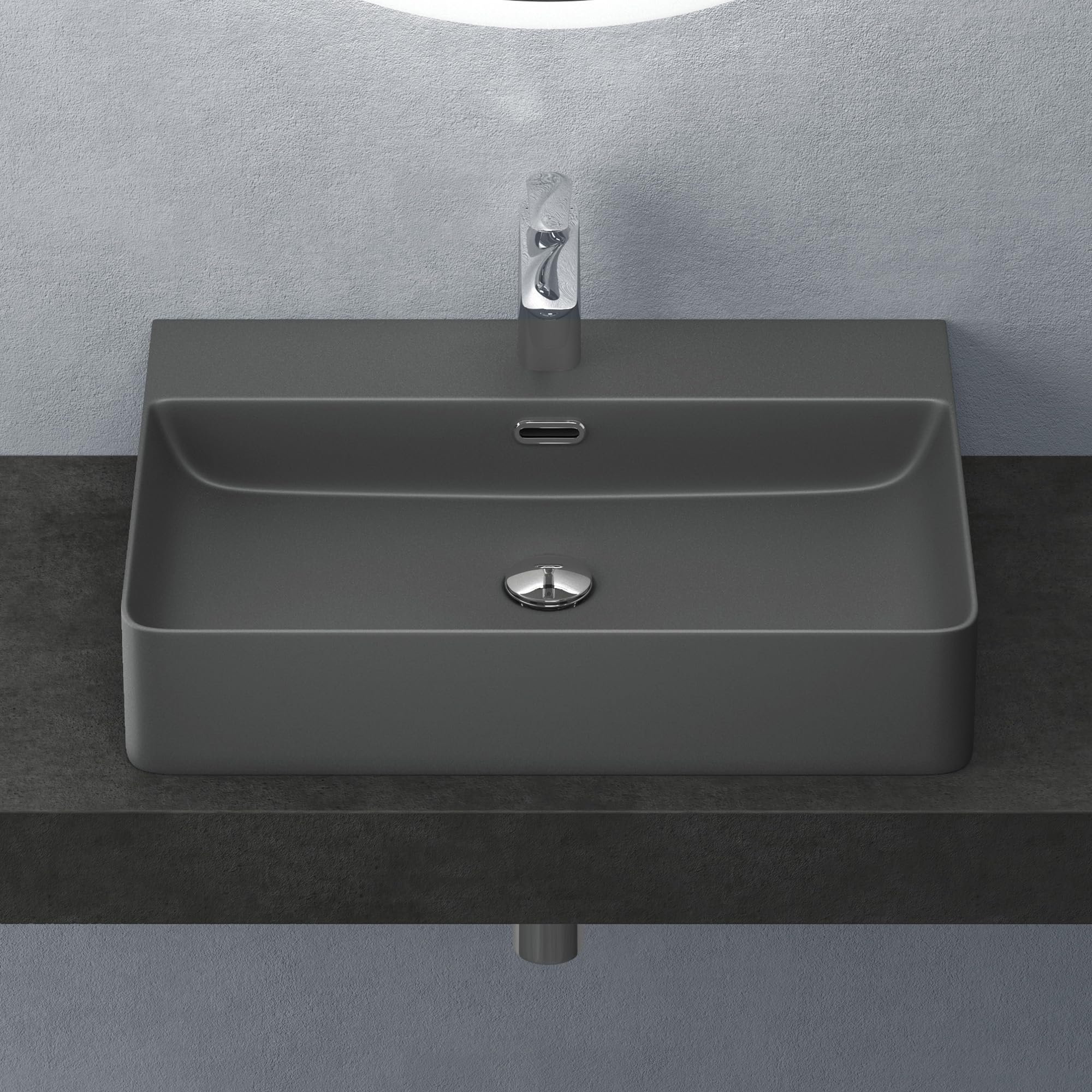 Mai & Mai Bathroom Sink Basin Countertop Wash Basin | Ceramic Matt Anthracite Rectangular Wall Mounted | WDH: 60x42×12cm | Modern Design Bathroom Vessel Sink | Nano-Coating Meissen201