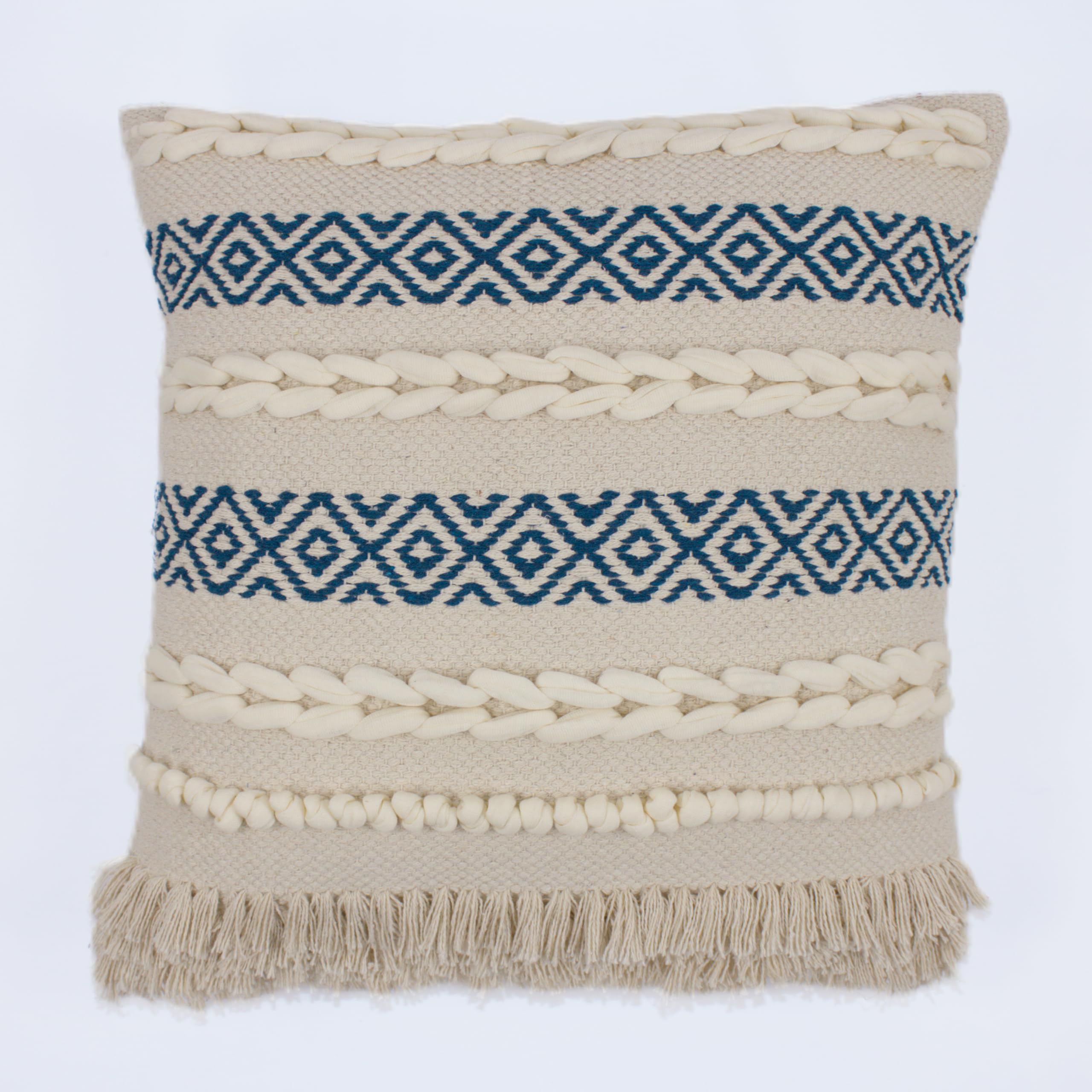 TreeWool Fodera per Cuscino Boho (45x45 cm, Verde Pavone, Confezione da 1) Cuscino Decorativo Tessuto a Mano con Passanti Intrecciati, Motivo Geometrico e Frange - Cuscino Quadrato per Divano