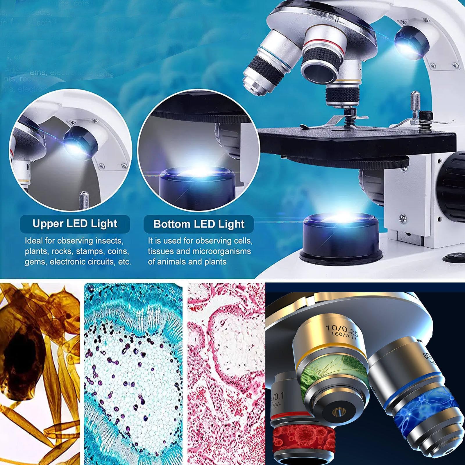 Microscopio Trinocular Compuesto, Aumento De 40x-5000x, Microscopio Led Compuesto Trinocular De Laboratorio Digital con Ocular ElectróNico/RotacióN De 360°/Etapa MecáNica,White