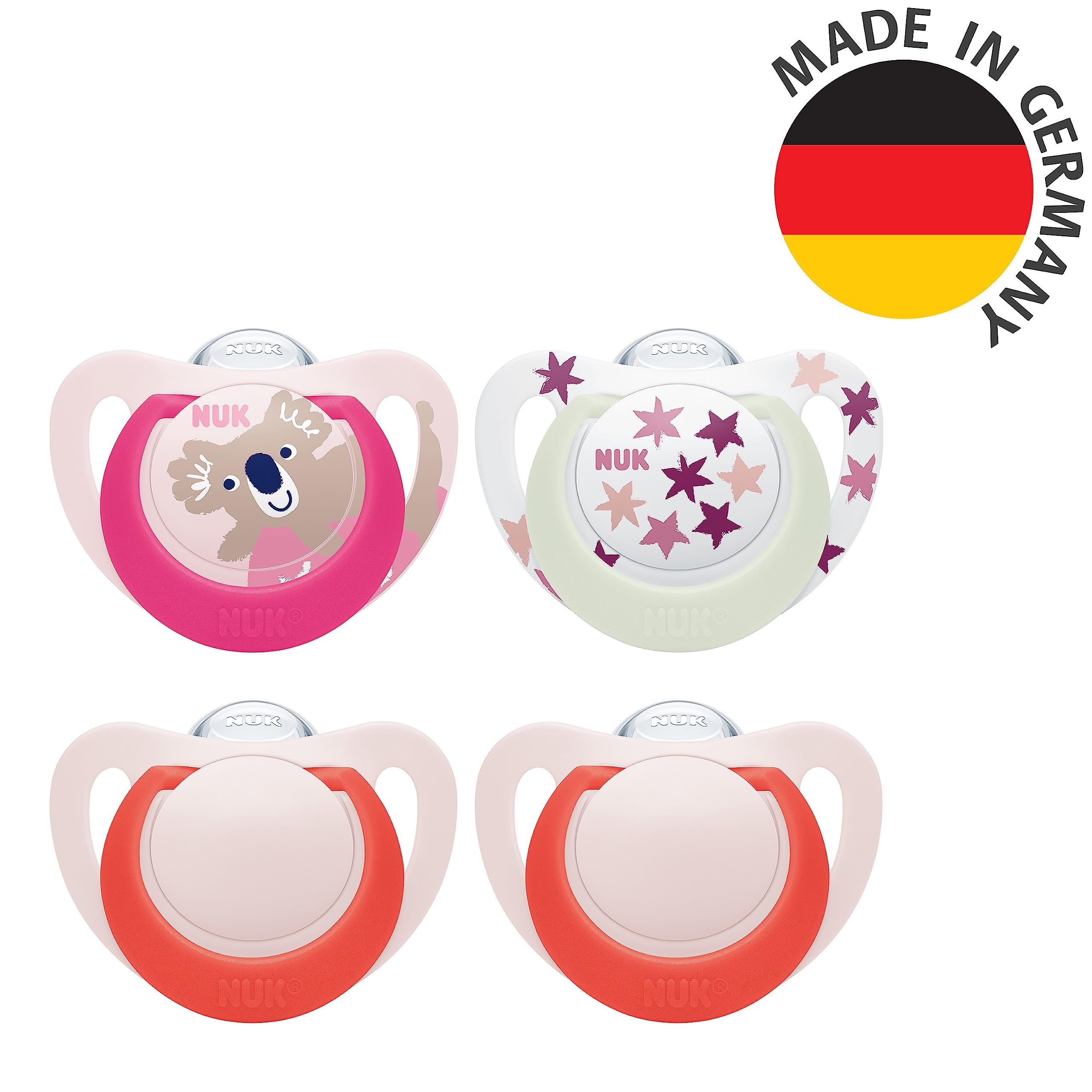 NUK Star Day & Night Ciuccio 18-36 Mesi 4 Pezzi Silicone Senza BPA Glow-In-The-Dark Koala
