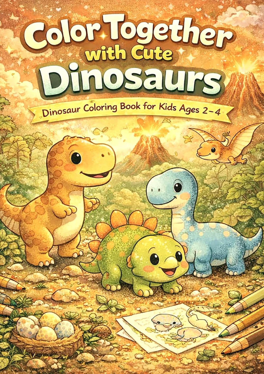 Color Together with Cute Dinosaurs: Dinosaur Coloring Book for Kids Ages 2-4: Easy & Big Coloring Pages for Toddlers and Preschoolers with Adorable Prehistoric Friends