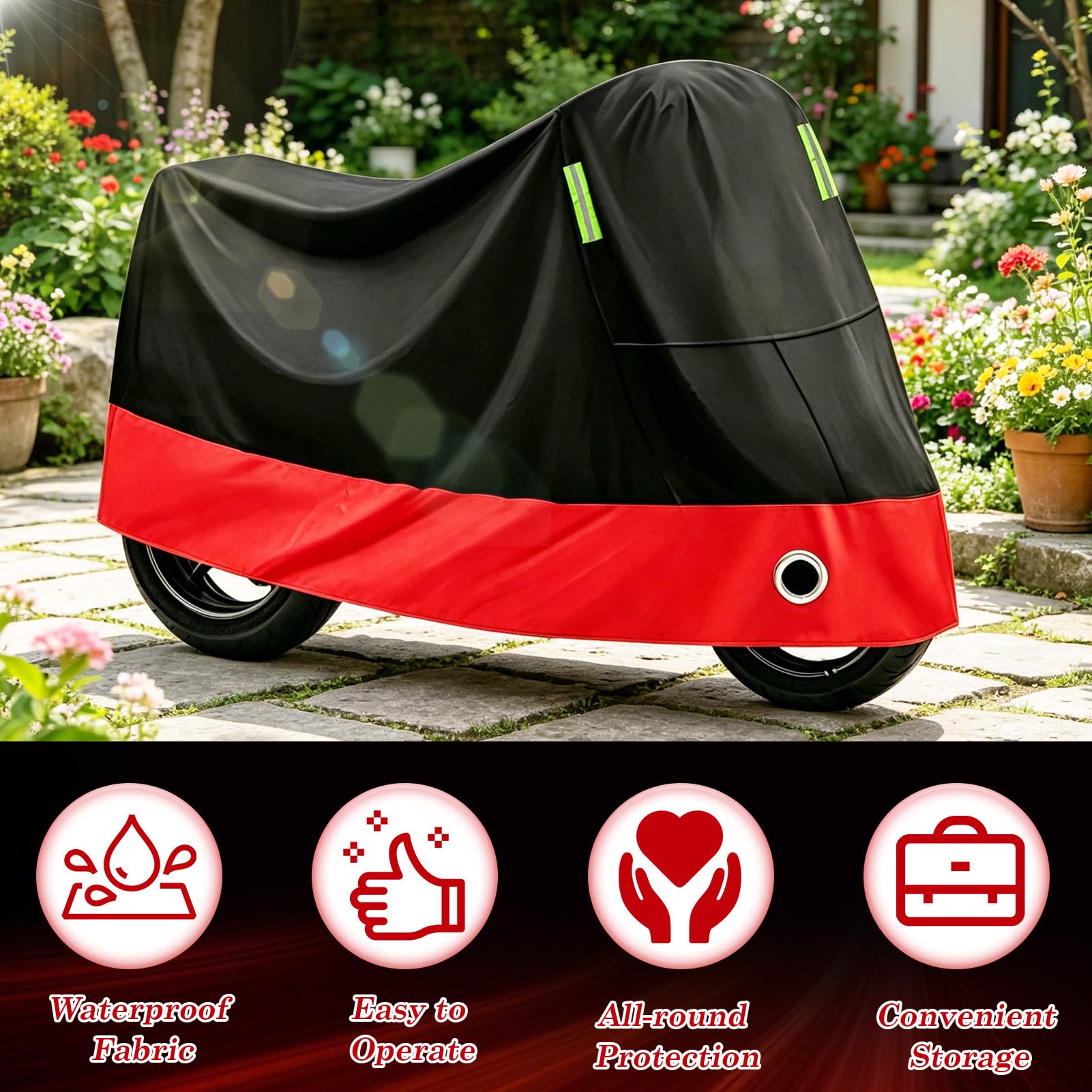 Cubierta para Scooter de Motor,(245 cm x 105 cm) (Negro Rojo) | Cubierta de Moto Impermeable,Funda para Motocicleta, Lona para Motocicleta, Impermeable, Resistente al Invierno