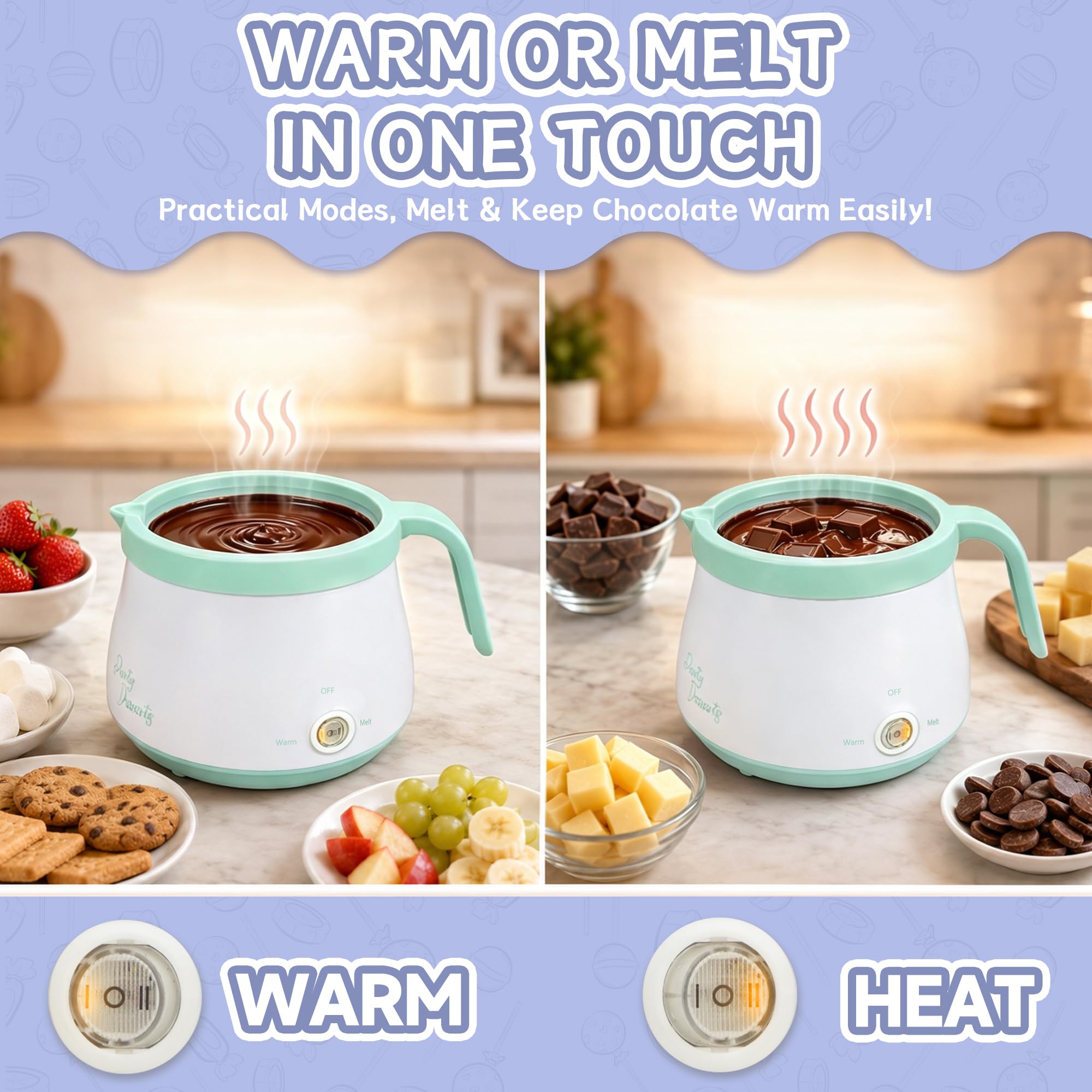 Party Desserts Melting Pot Elettrico Cioccolato con 2 Pentole Slicone 2,5 Tazze (Acquamarina)