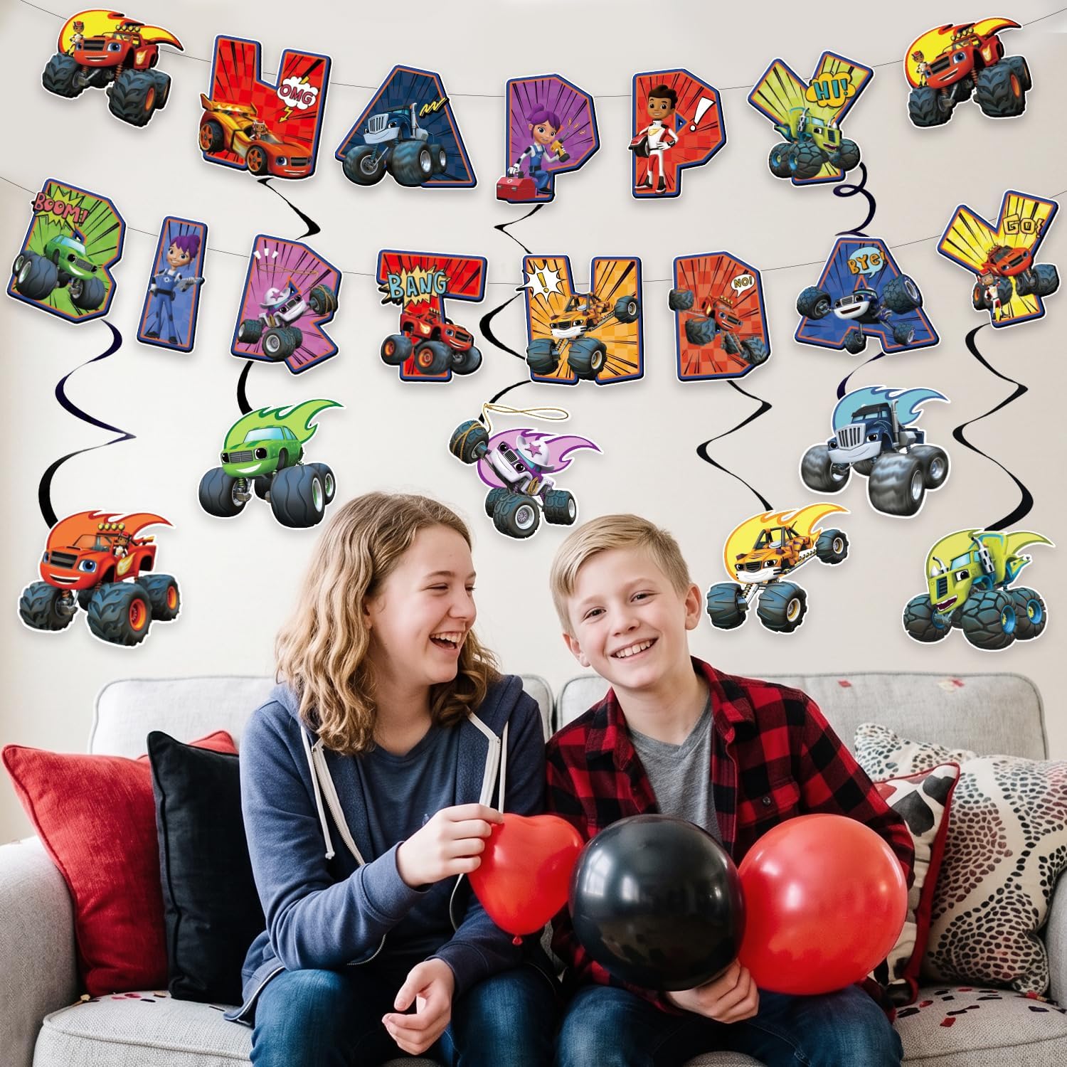 We1Fit Unique Blaze and the monster party supplies - 6pcs Hanging Swirls and 1 Happy Birthday Banner for Cartoon Themed party Decoration- Kid's Birthday, Halloween image 4