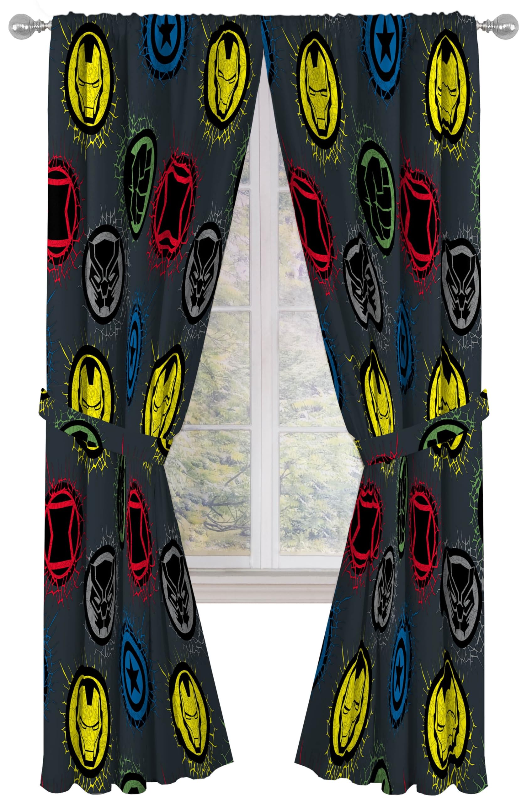Jay Franco Window Curtains for Kids Bedroom 4-Piece Drape Set with 2 Tiebacks, Grey - Marvel Comics, 42" W x 84" L (Pack of 2)